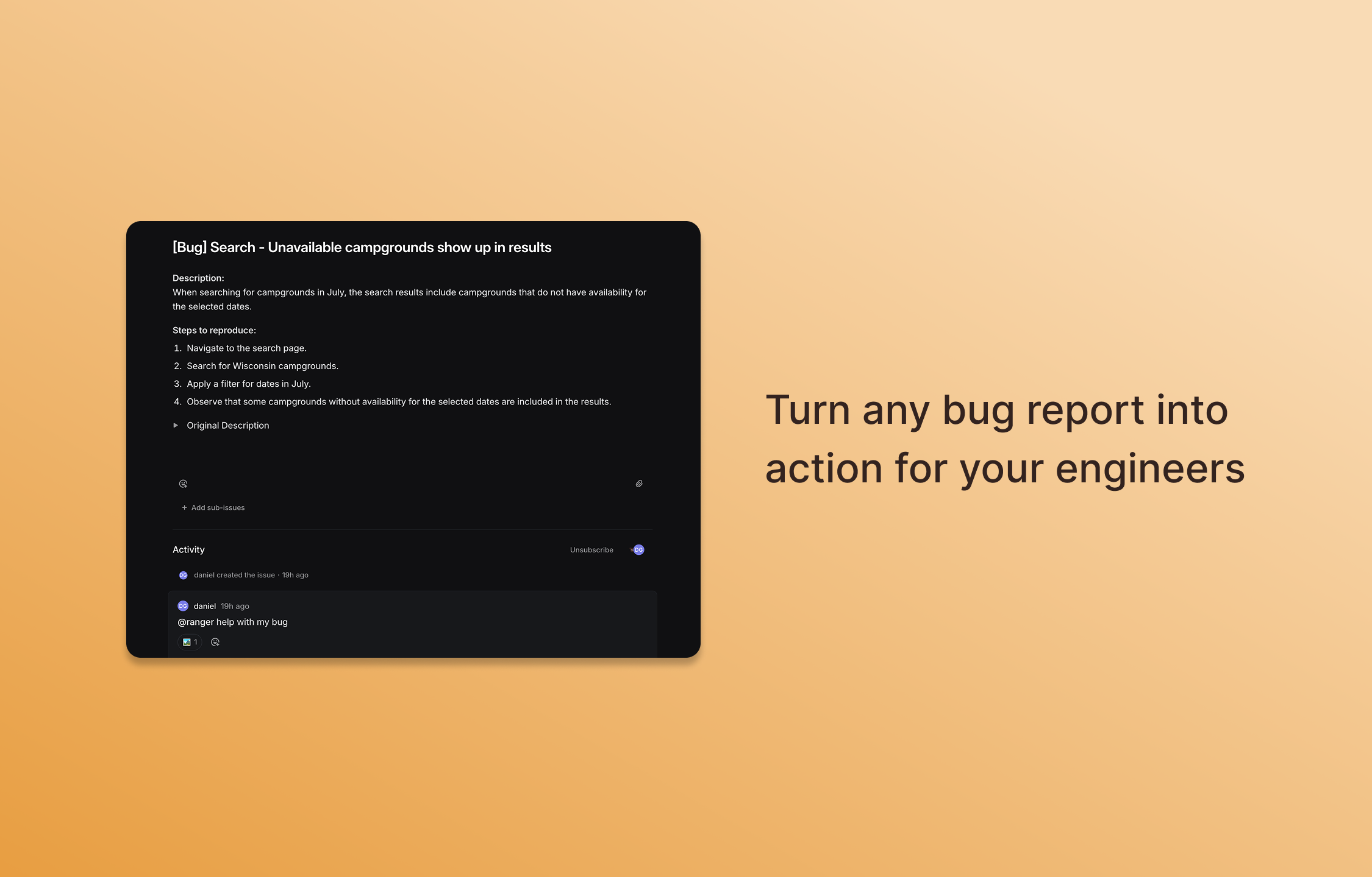 asking ranger to help with a bug report in Linear