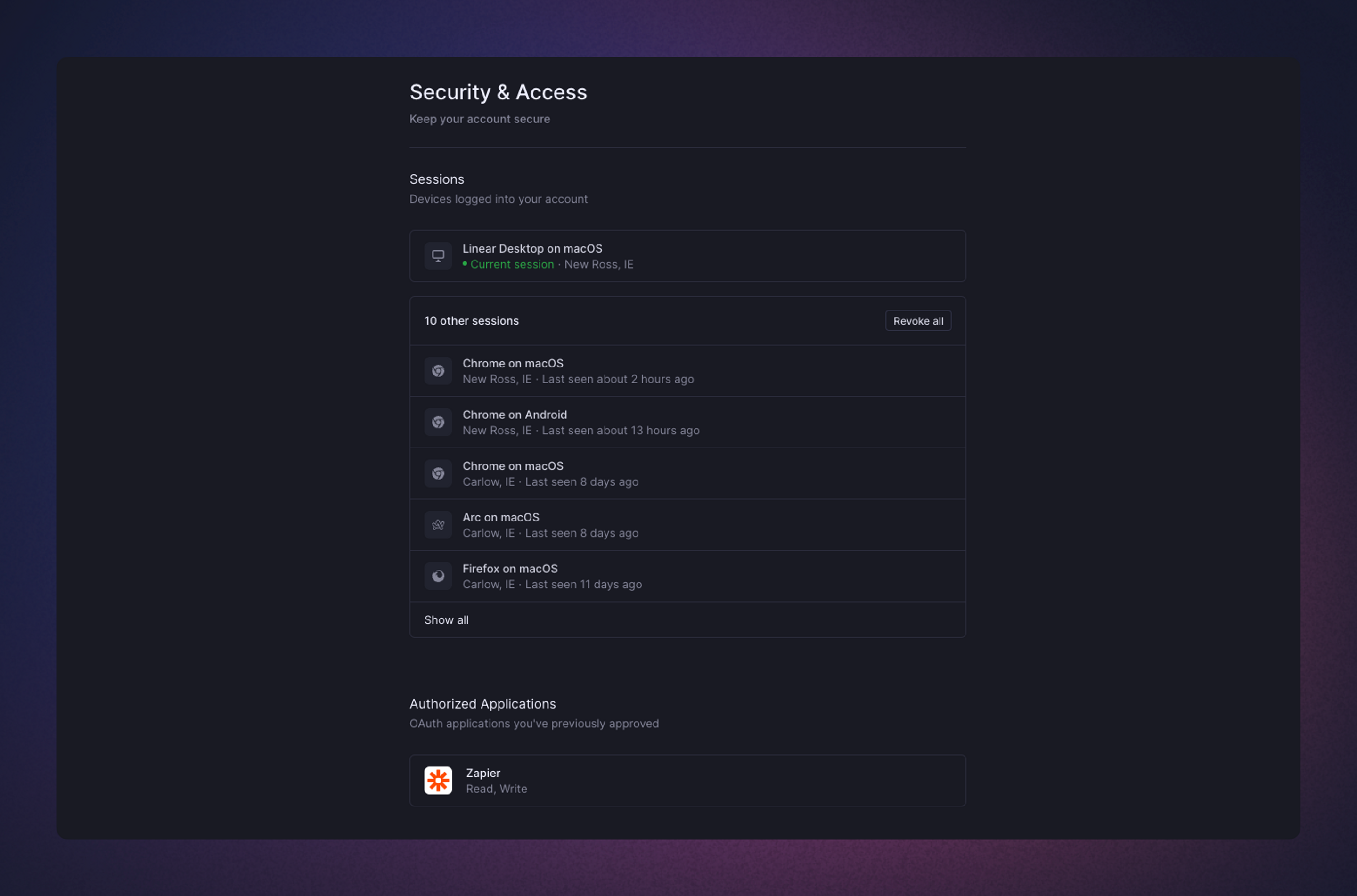 Linear settings showing the security and access page