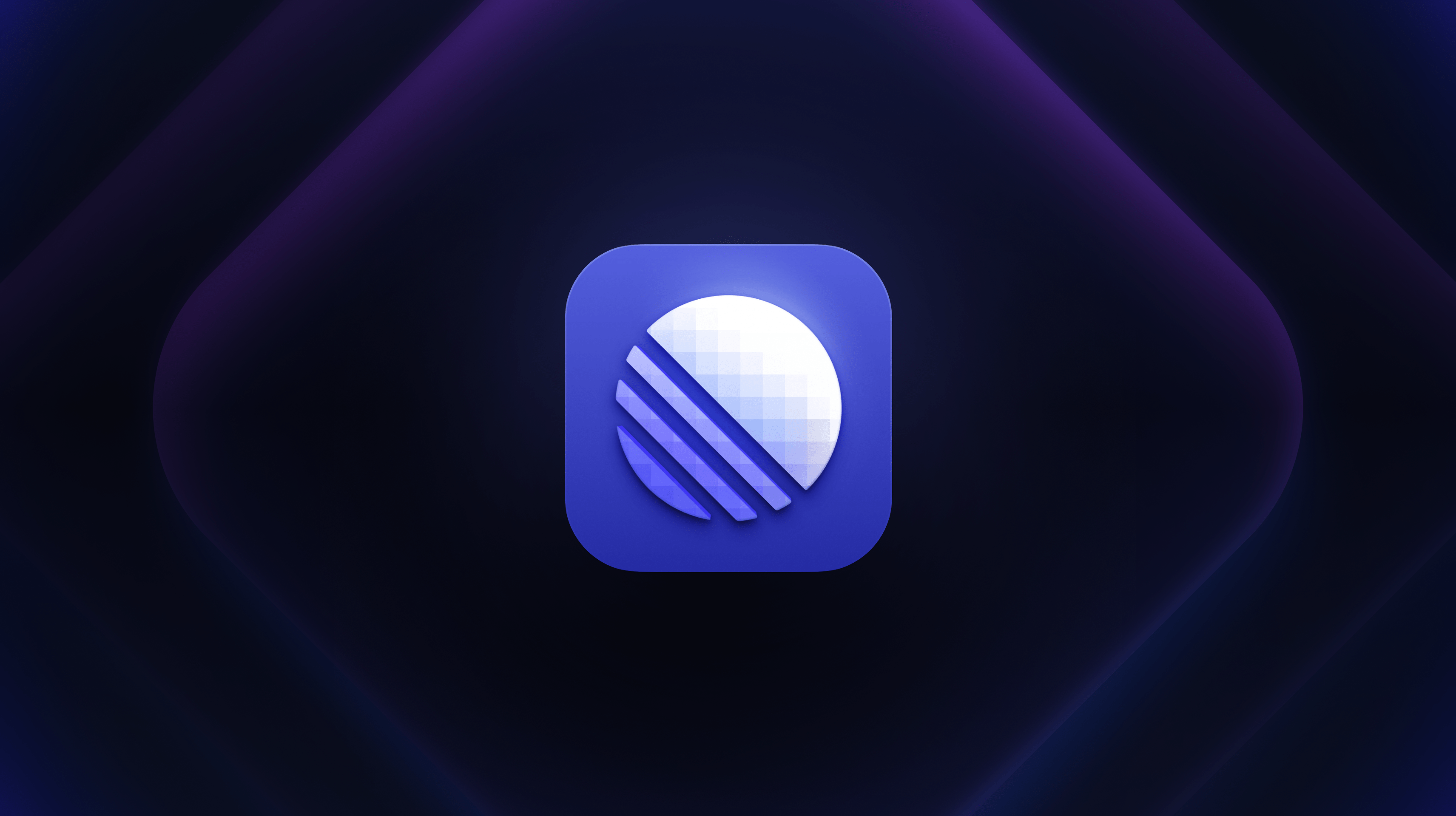 new desktop logo featuring Linear's circular white logo with faint grid lines and glow over a purple square background