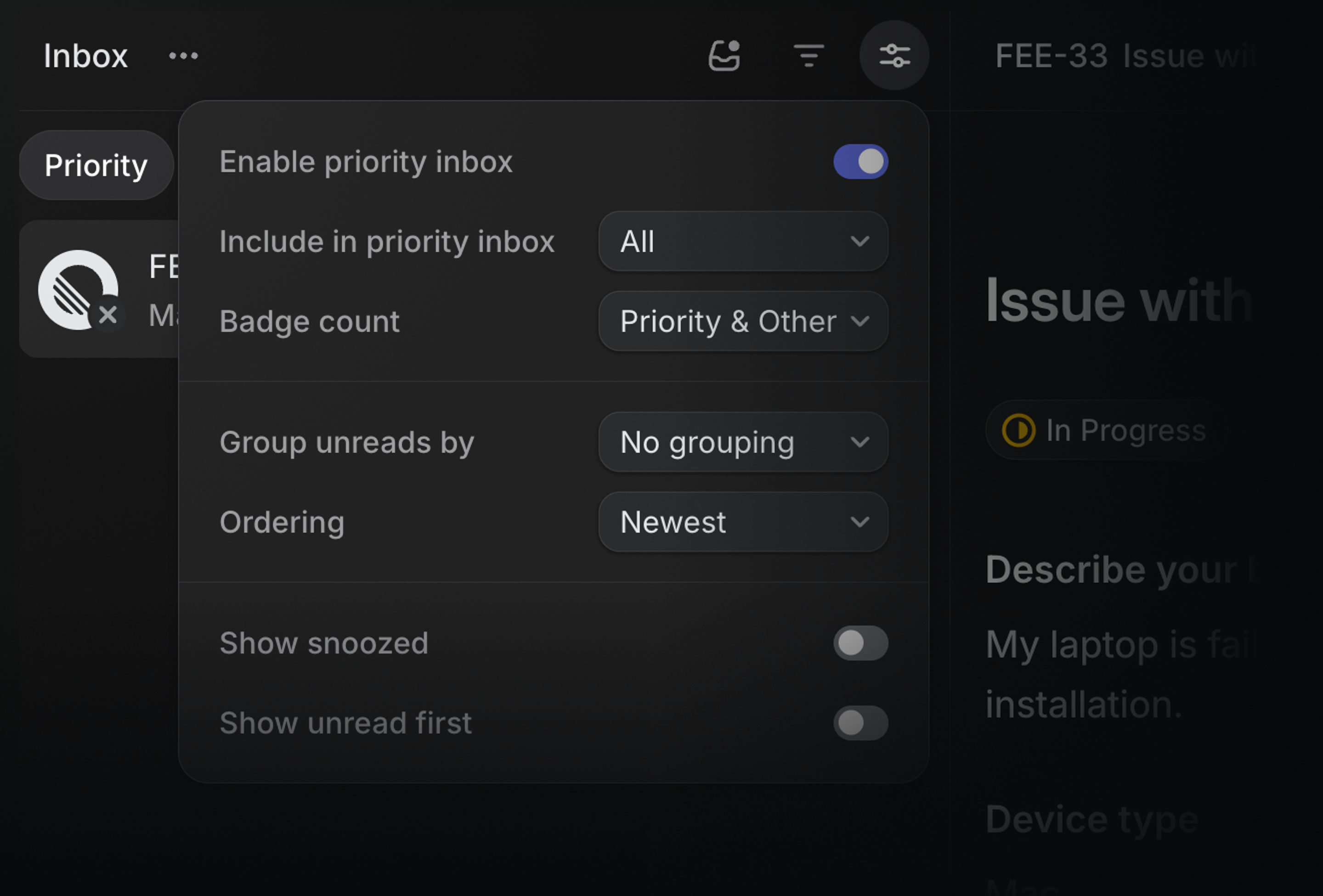 Inbox display options