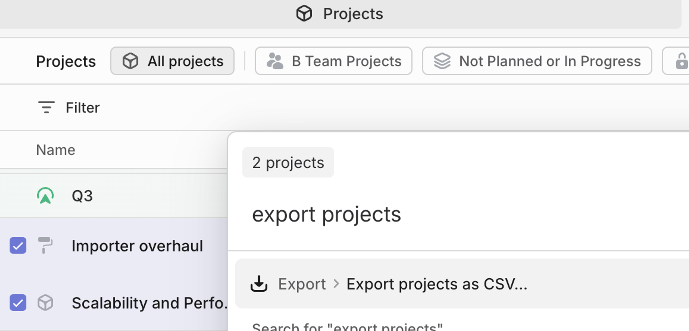 Export projects as CSV through the command menu