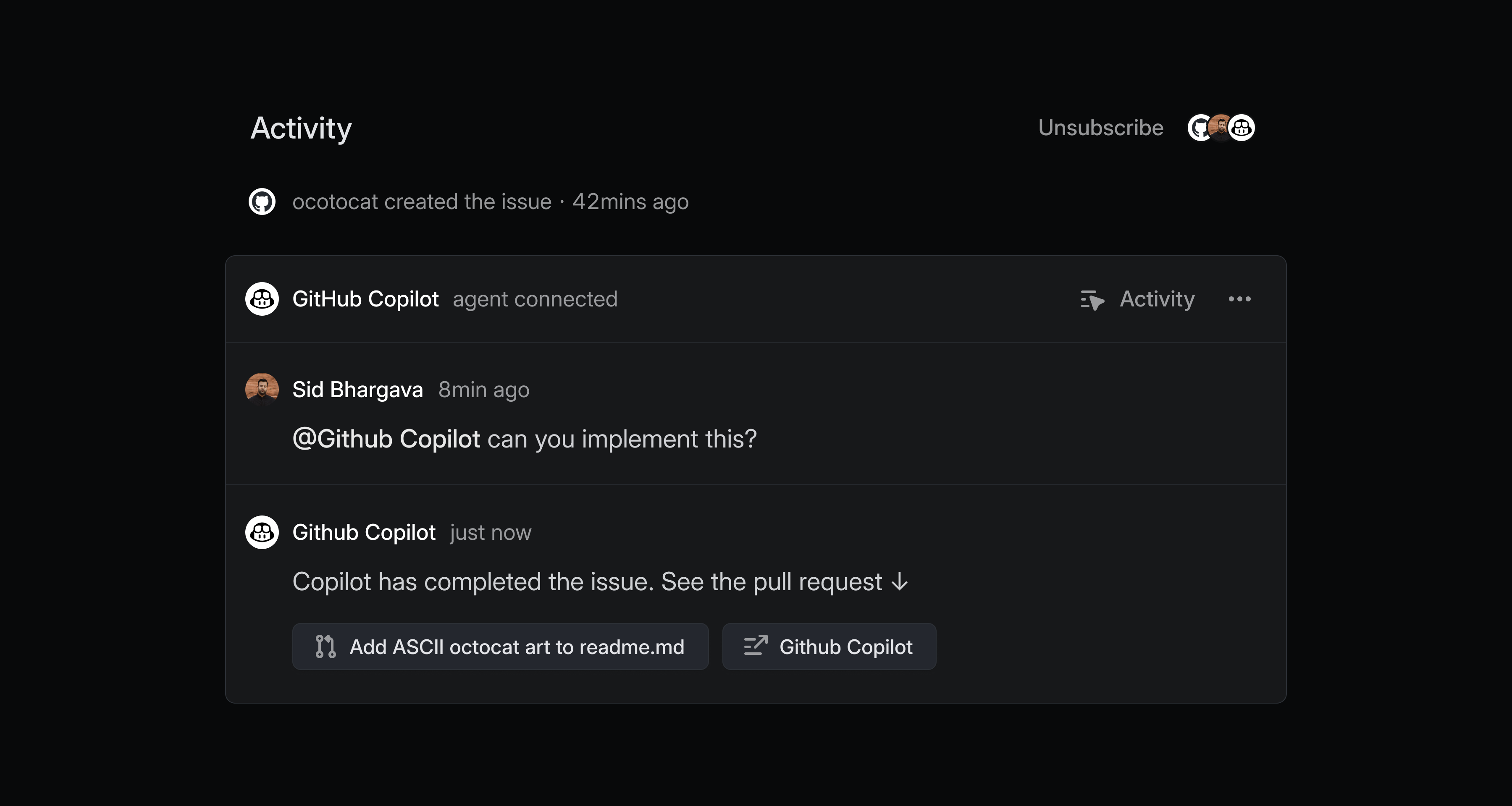 A screenshot of an agent session in the activity feed of a Linear issue, where the user delegates the issue to the GitHub Copilot agent