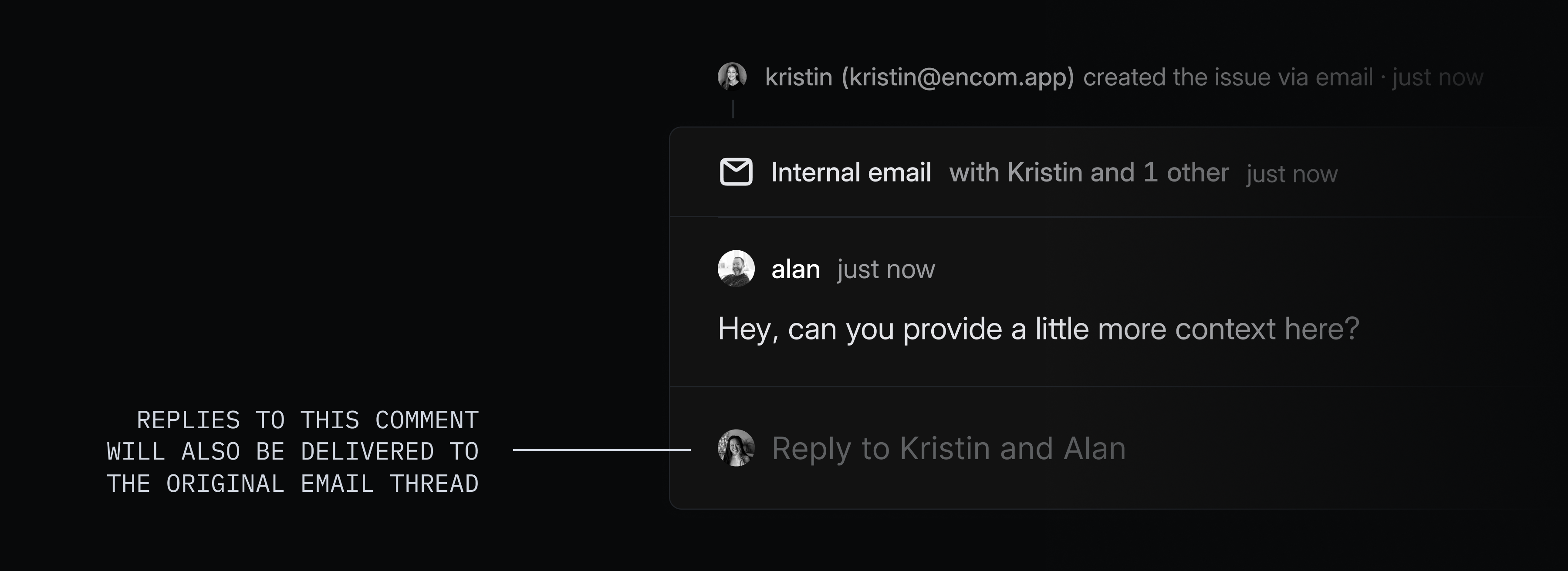 Shows the synced comment thread in the Linear issue and has the caption "Replies to this comment will also be delivered to the original email thread"