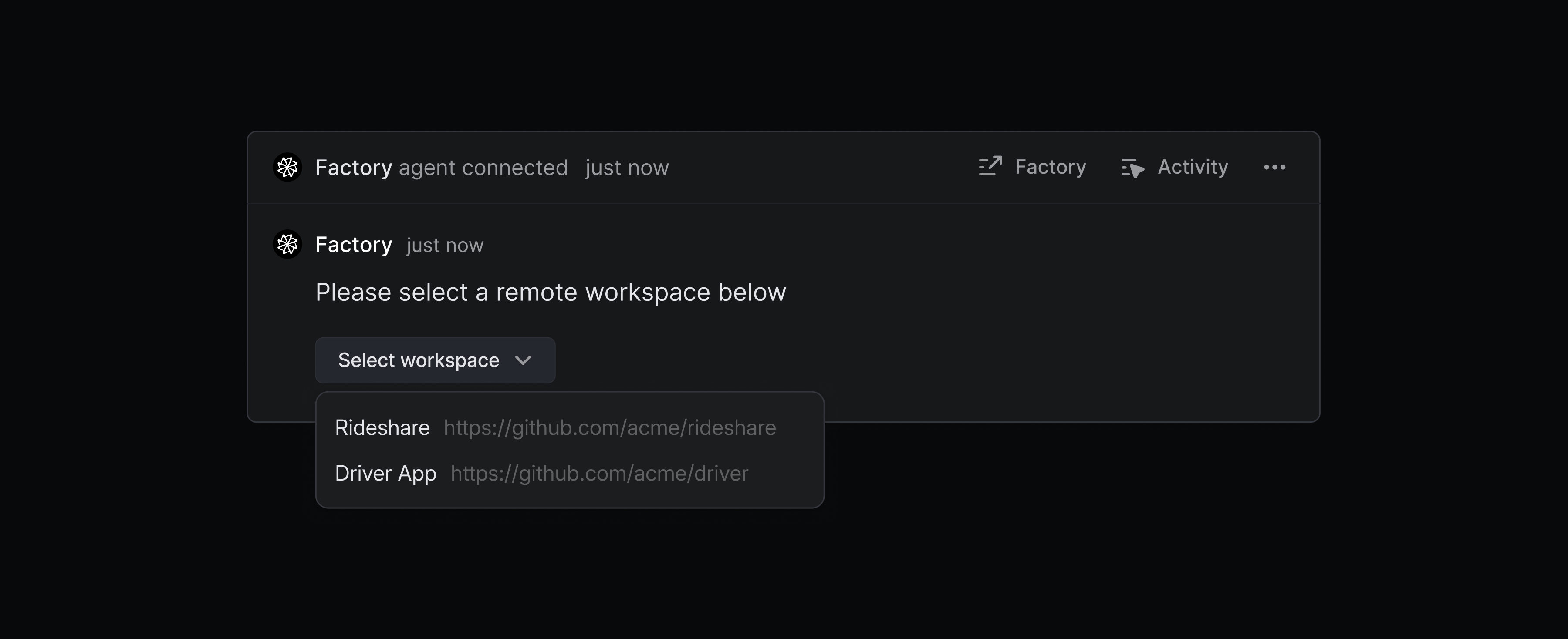A screenshot of the Factory agent inside Linear asking the user to select a remote workspace