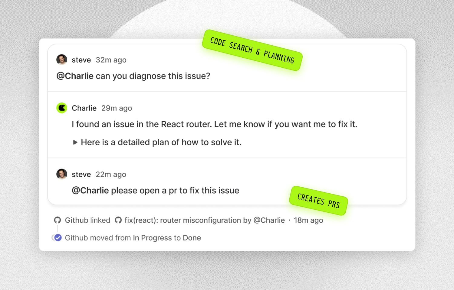 Charlie using code search and creating PRs in Linear