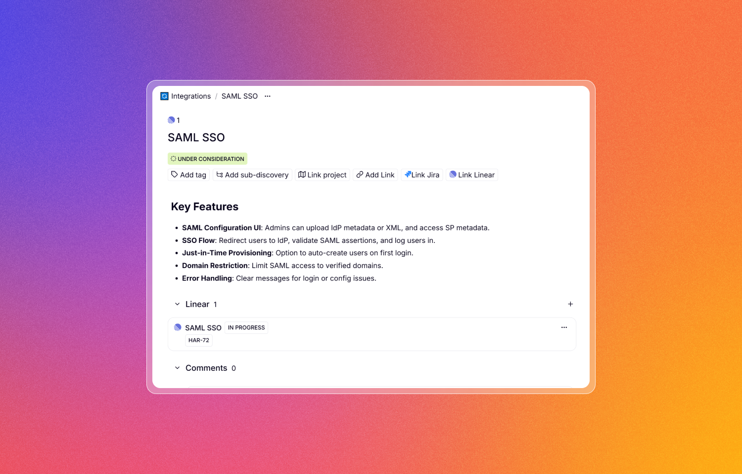 A Harvestr Discovery linked to a Linear issue