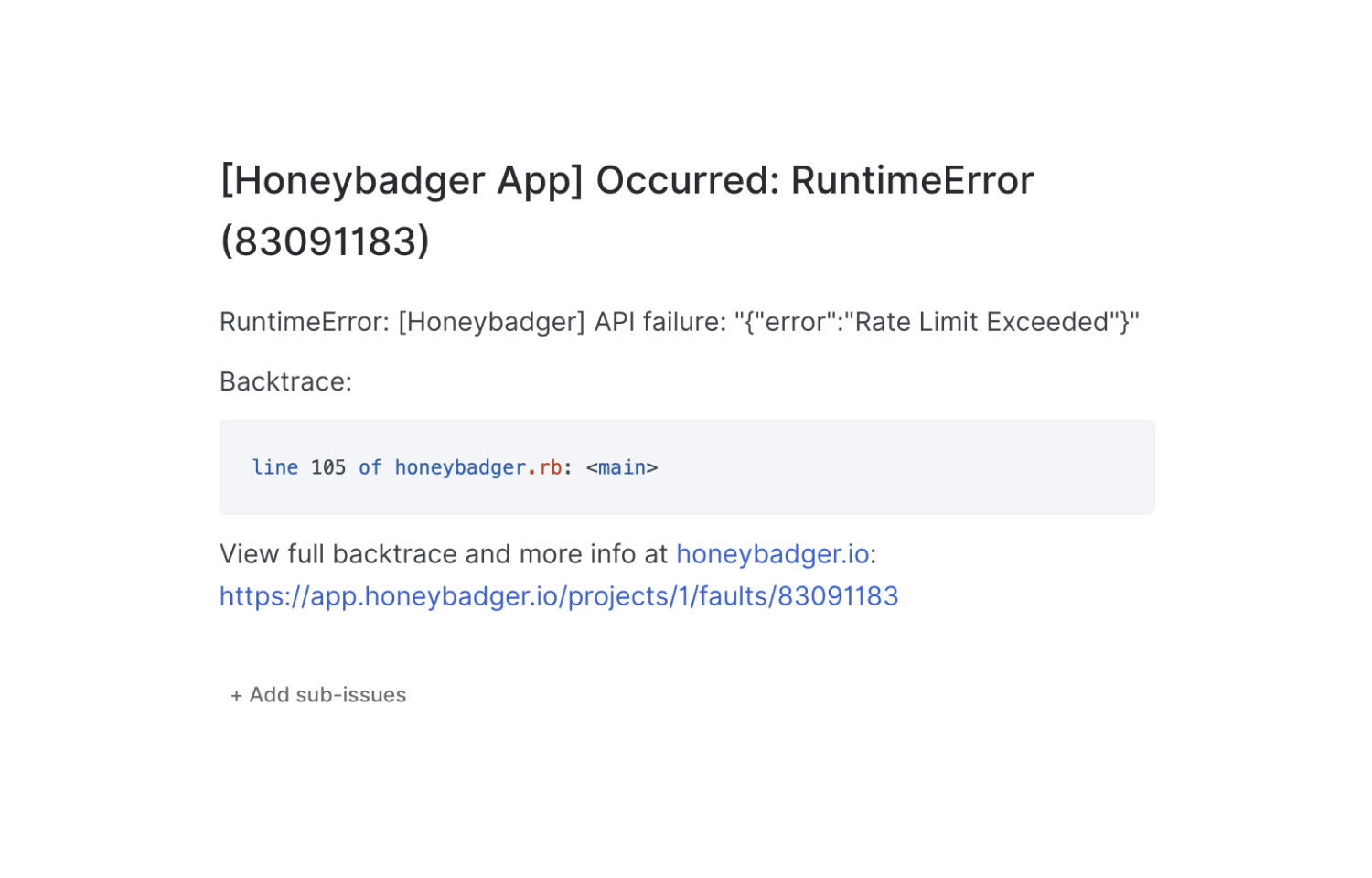 A Linear ticket for a Honeybadger error titled "RuntimError".