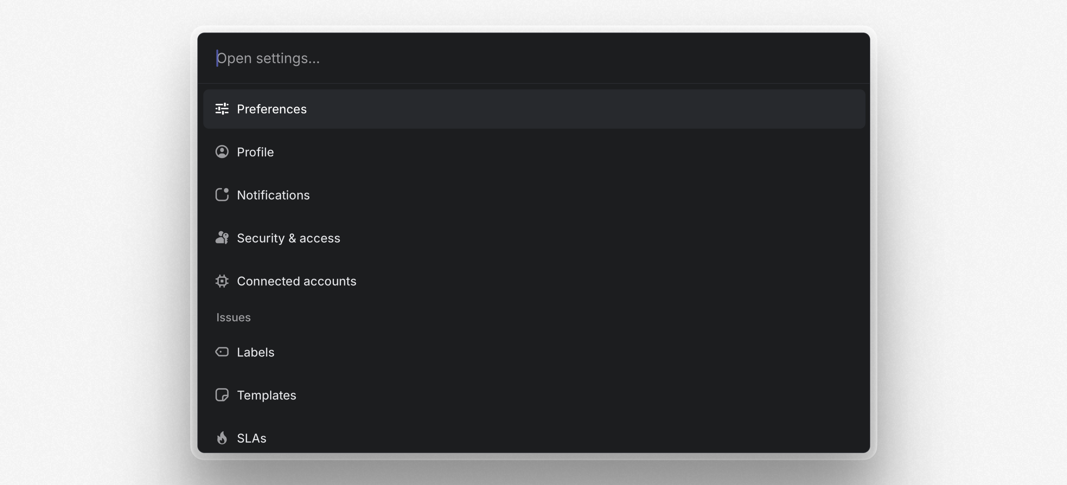 The command menu in settings showing different settings pages you can quickly navigate to like preferences, notifications, and SLAs