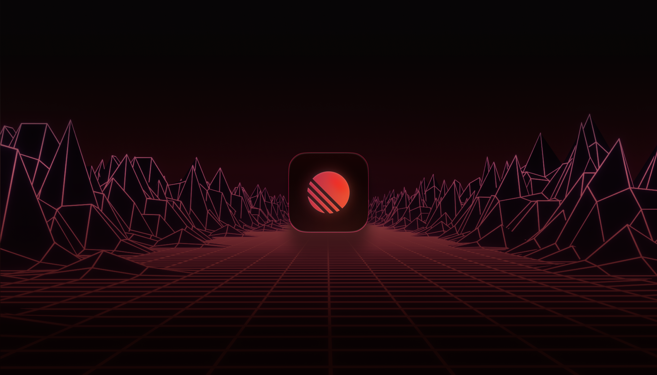 Linear logo in orange and red gradient among geometric mountains 