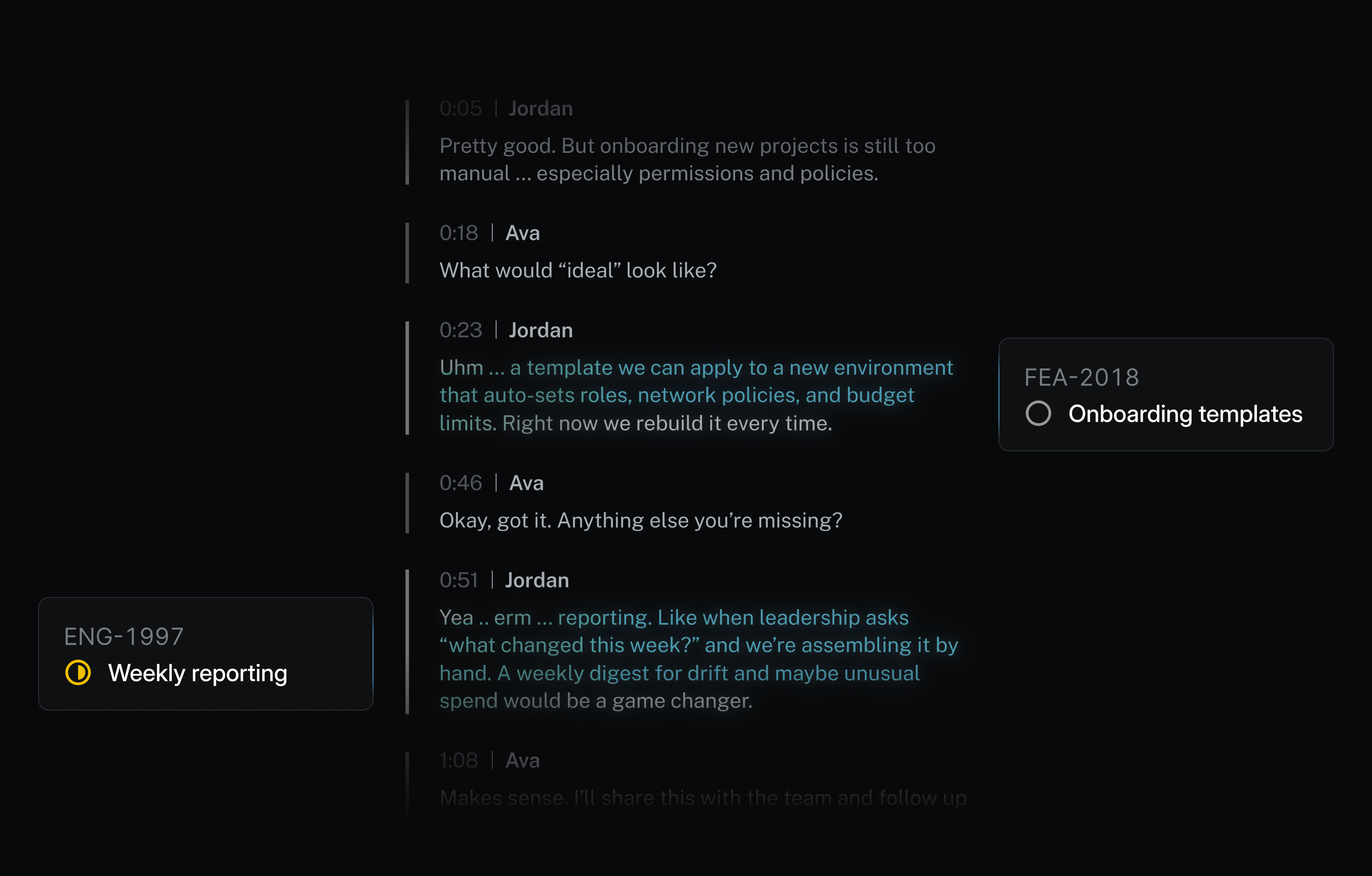 A gong transcript from a customer call, showing sections of the transcript that became linked to Linear issues