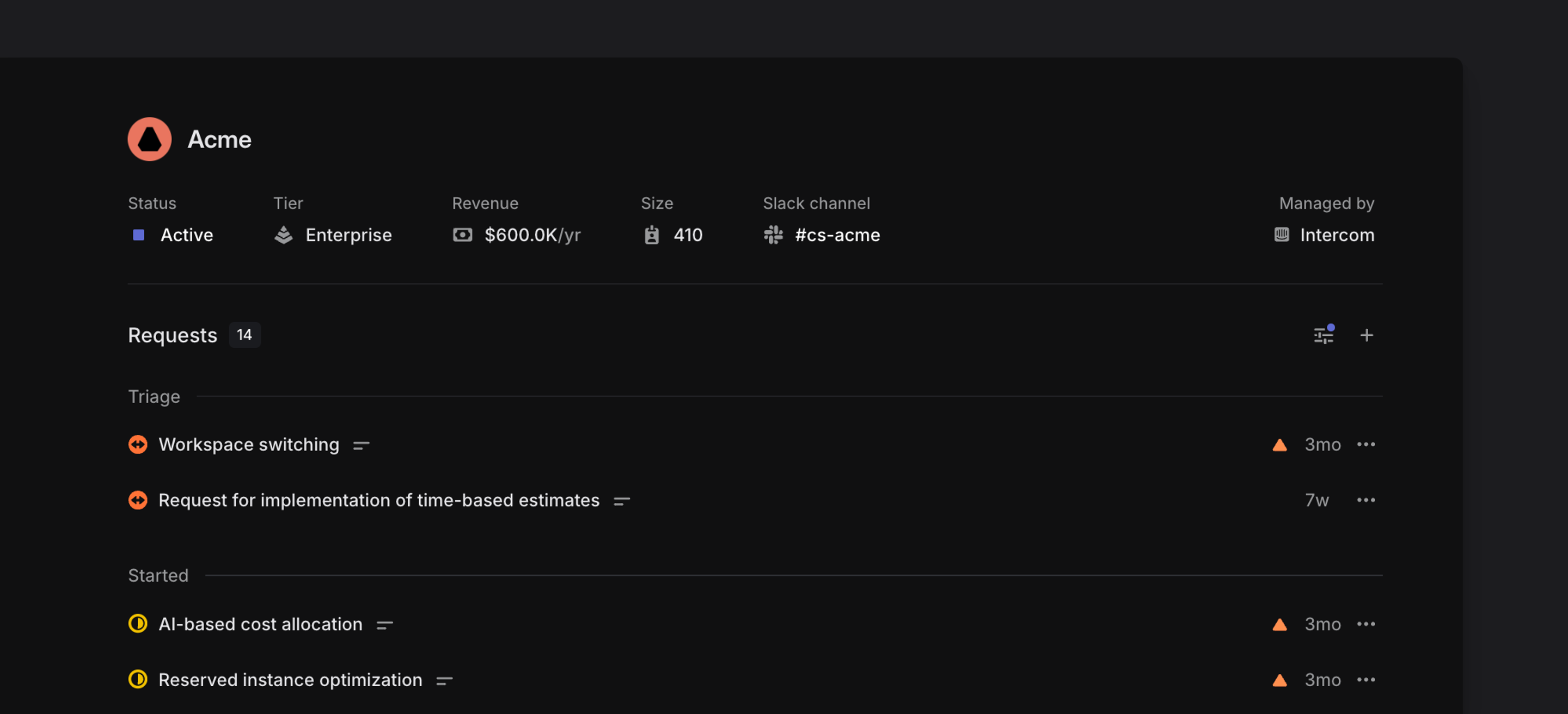 Example of a customer "Acme" with some customer requests
