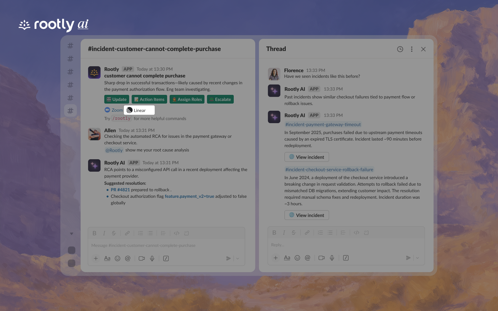 A screenshot of a Rootly App message in a Slack channel with the button to link a Linear issue