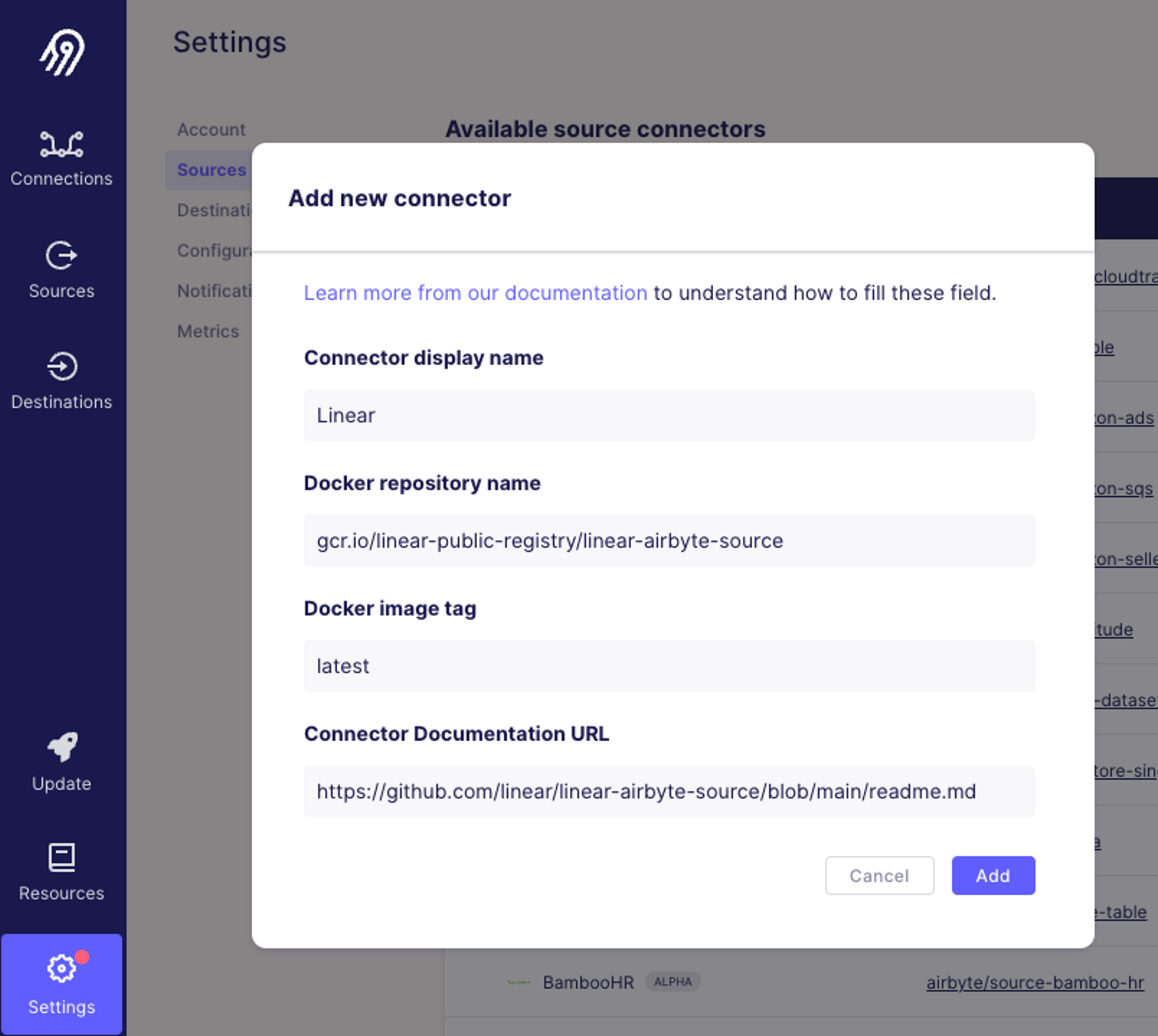Settings page in Airbyte for adding a new connector