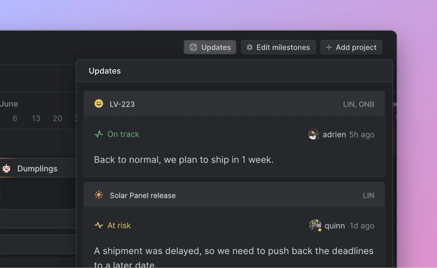 Project updates view in Linear