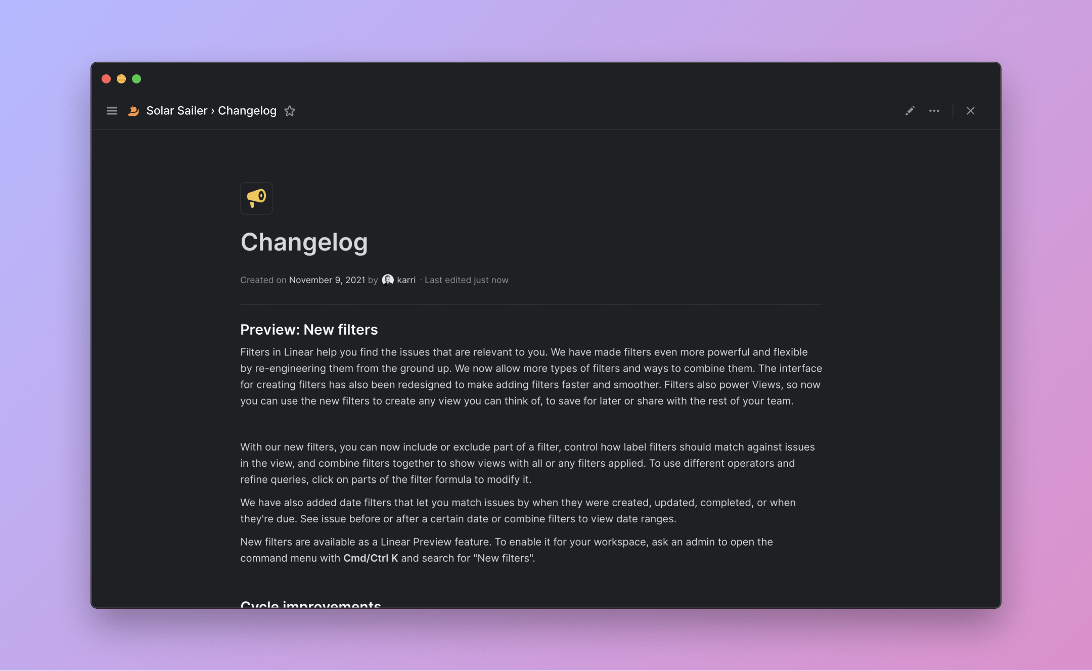 Image of a changelog document in Linear