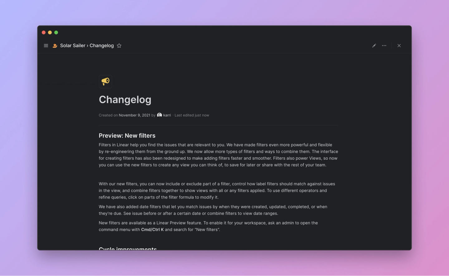 Image of a changelog document in Linear