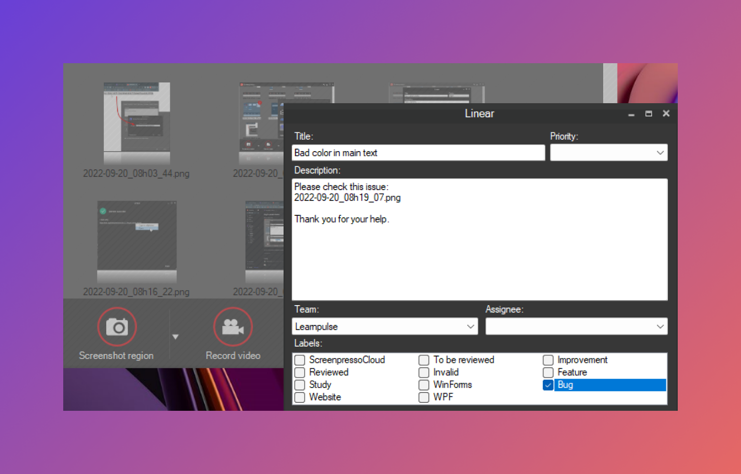 Screenpresso interface showing Linear integration