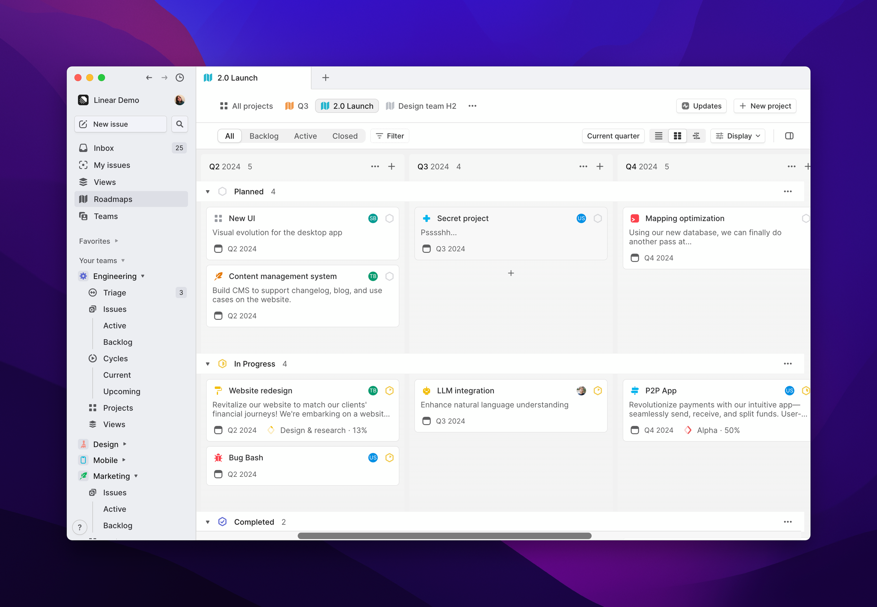 Roadmap viewed in a swimlane by quarters and status