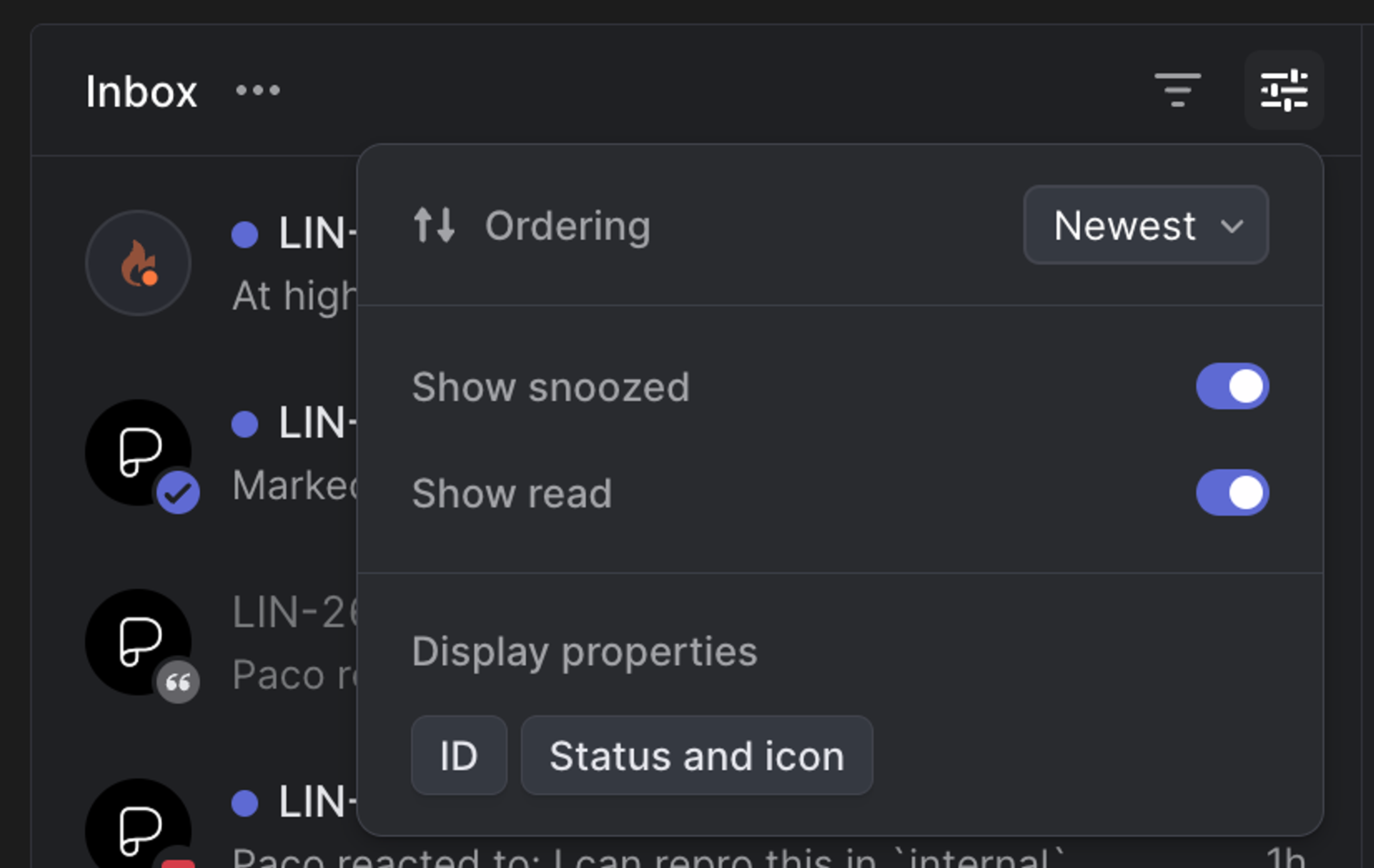 Inbox display options