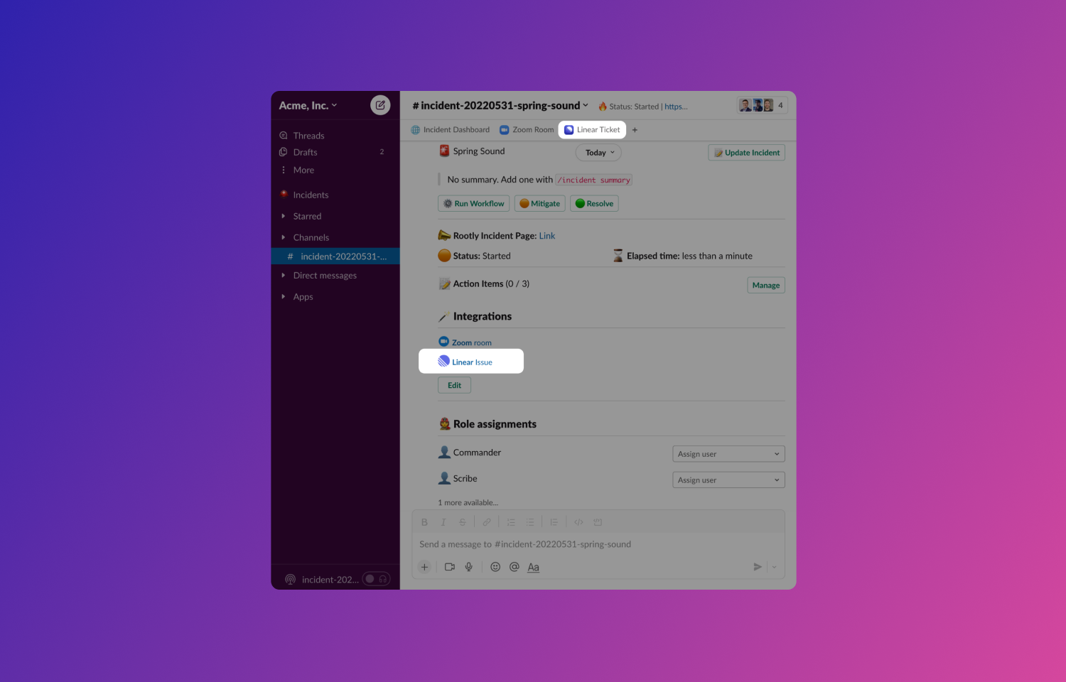 A screenshot of Slack with a linked Linear issue inside of an incident channel.