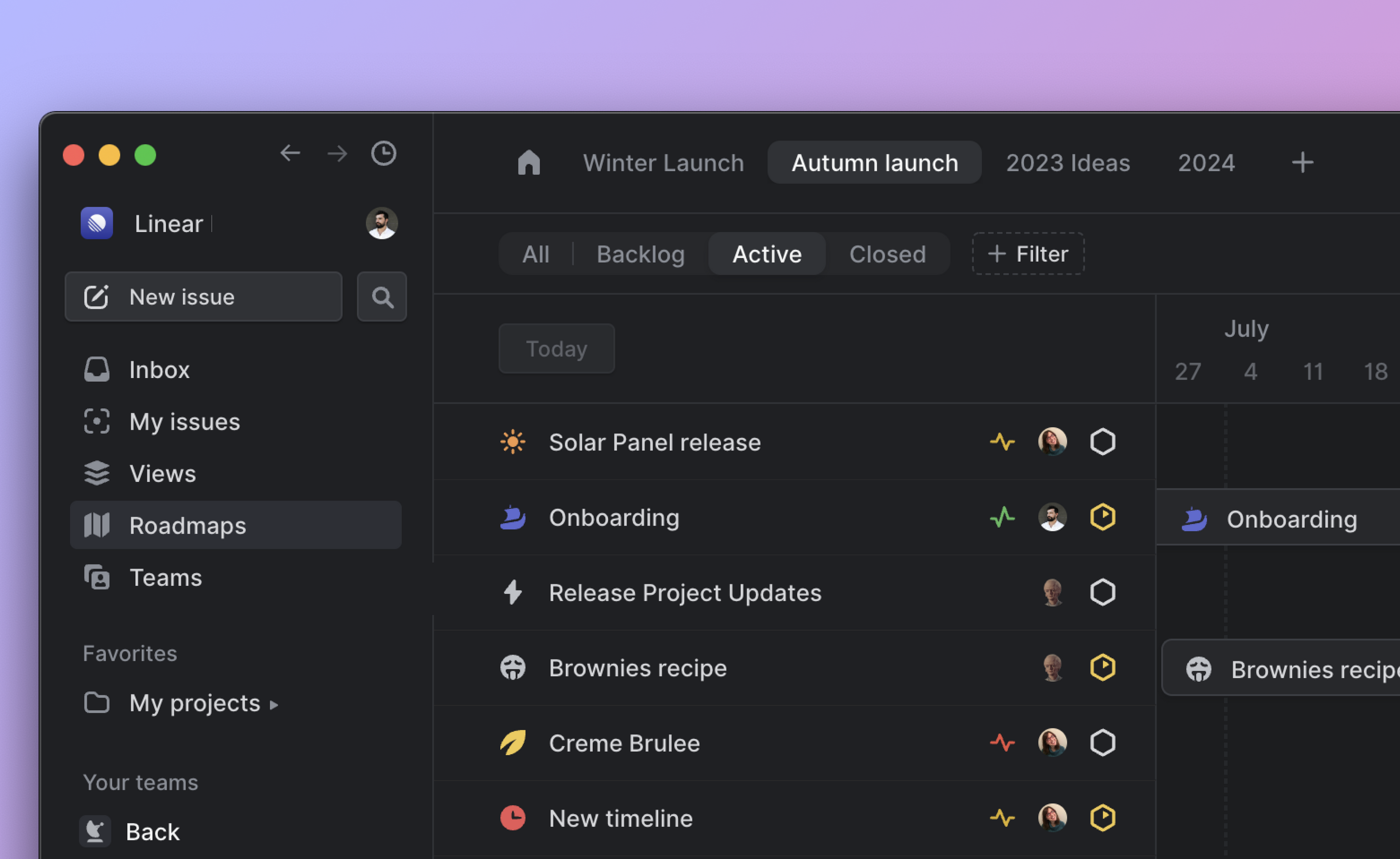 Multiple roadmaps view highlighting an Autumn launch with projects underneath it