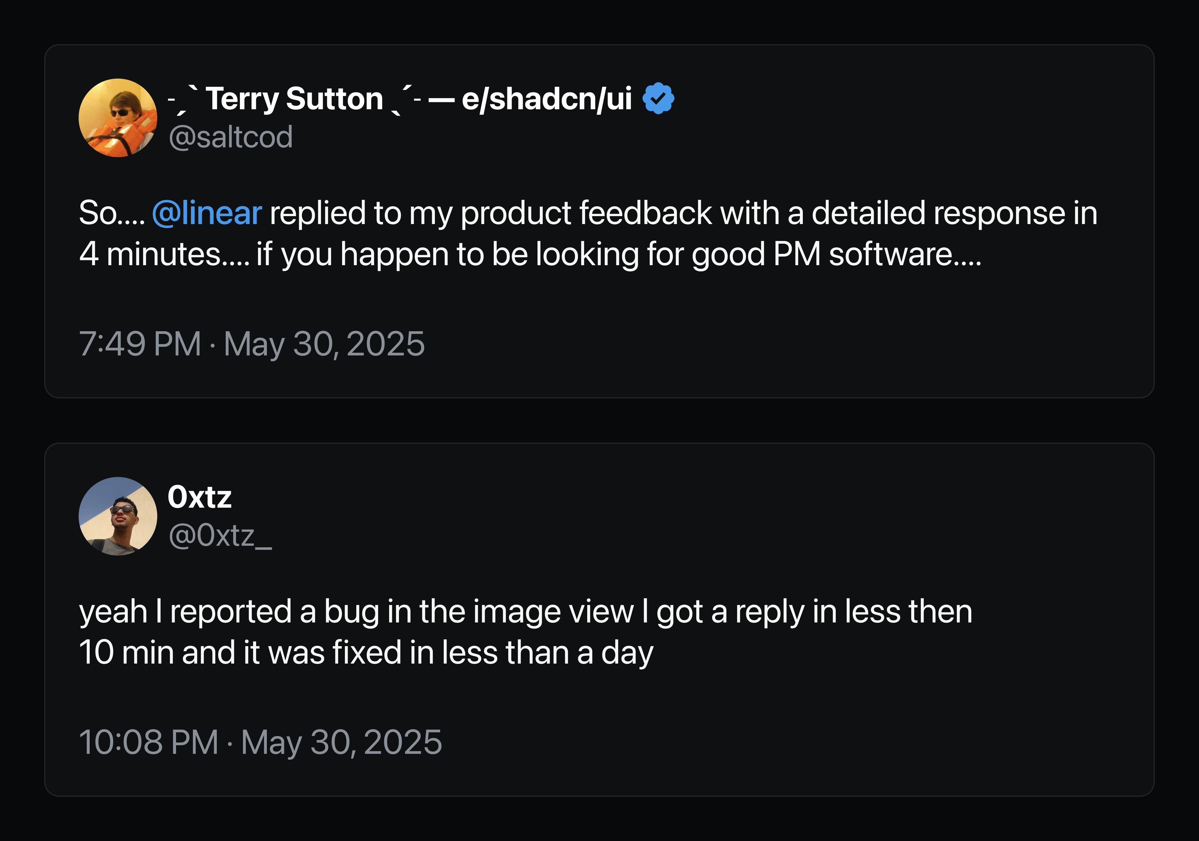 Image of a tweet exchange on Linear's support response.