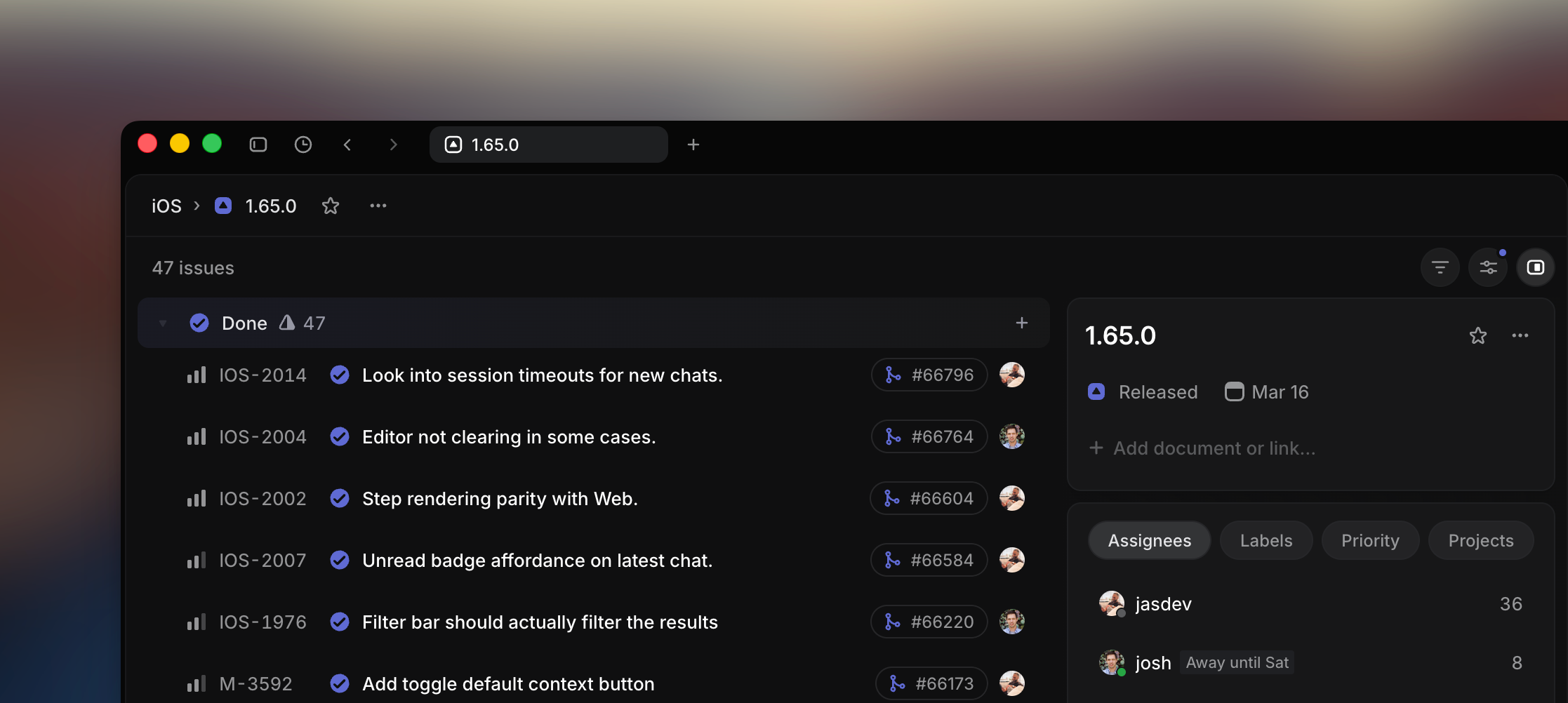 A scheduled release showing its issues in the main view, and a details sidebar