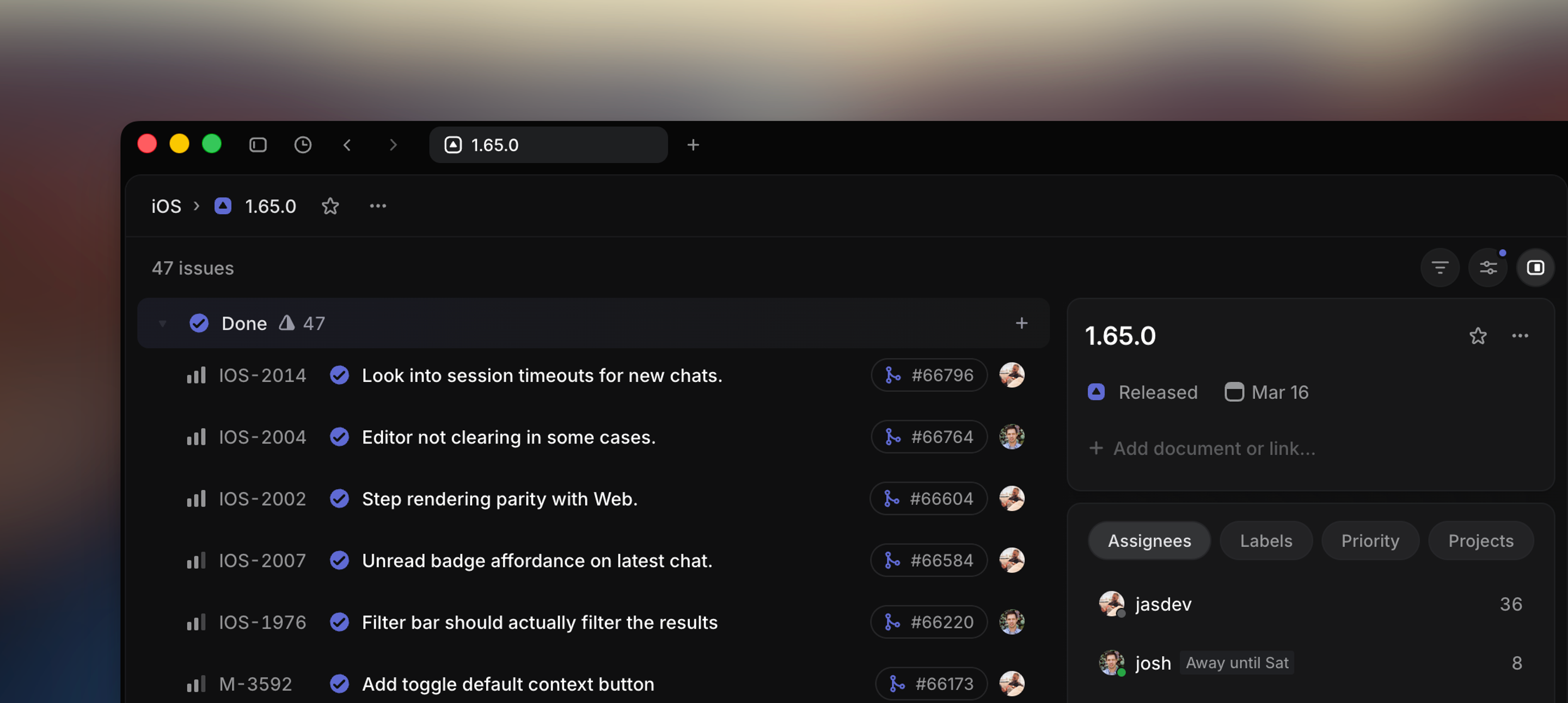 A scheduled release showing its issues in the main view, and a details sidebar