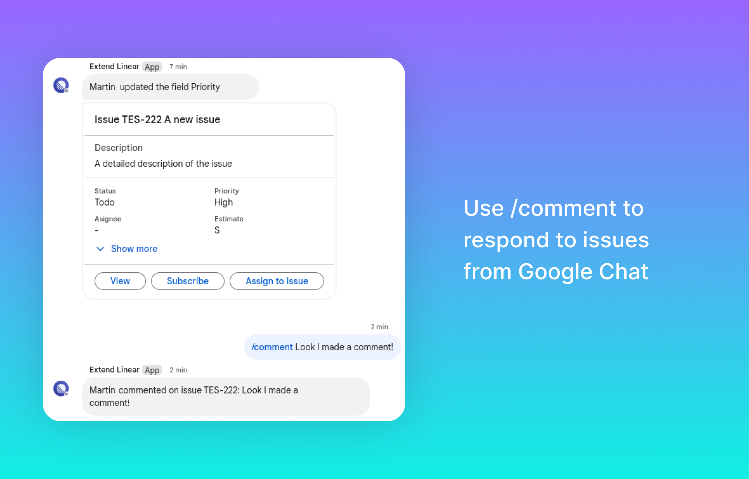 Google chat interface with a Linear action for commenting