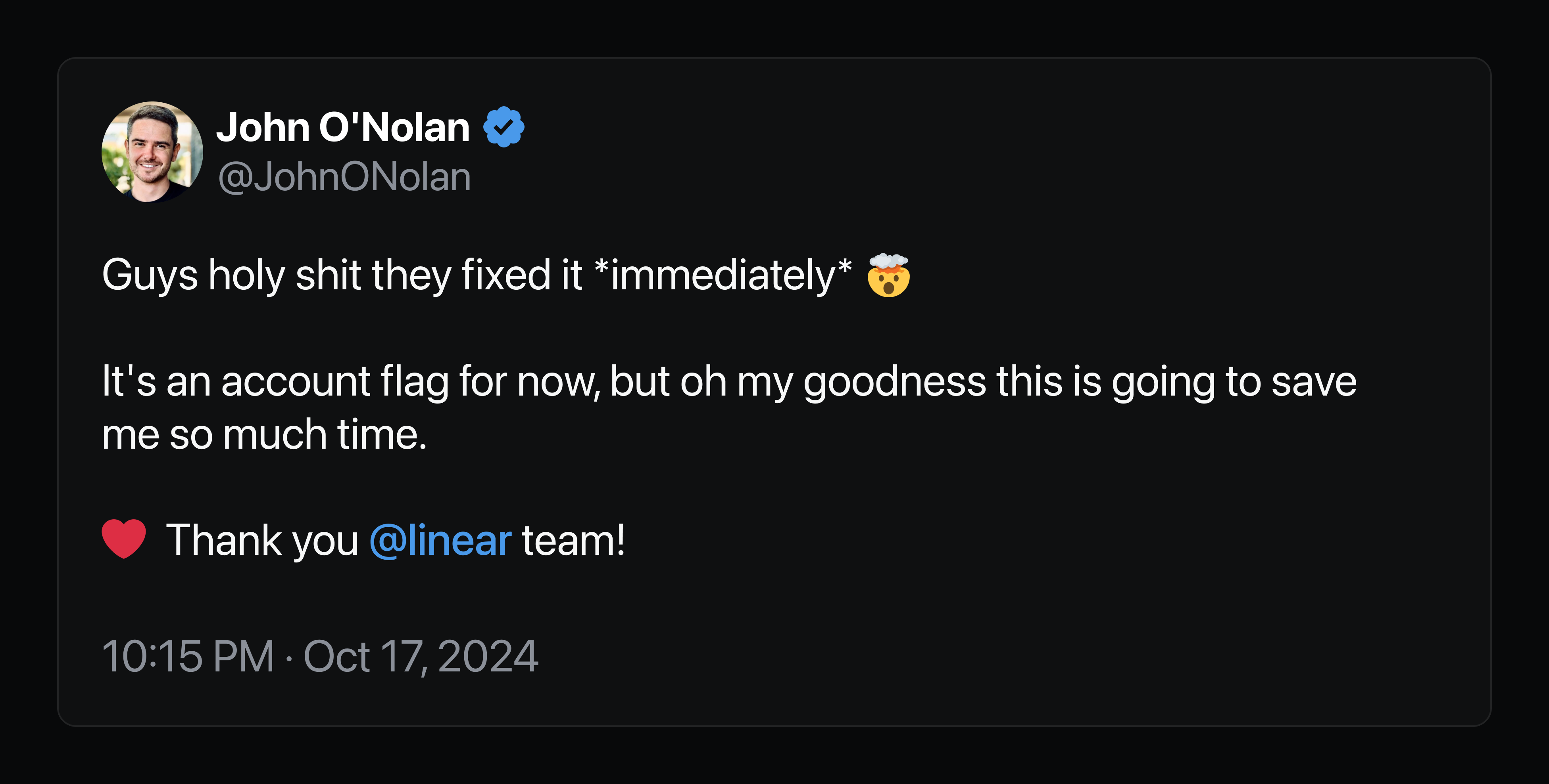 Image of Tweet celebrating Linear's bug fixing speed