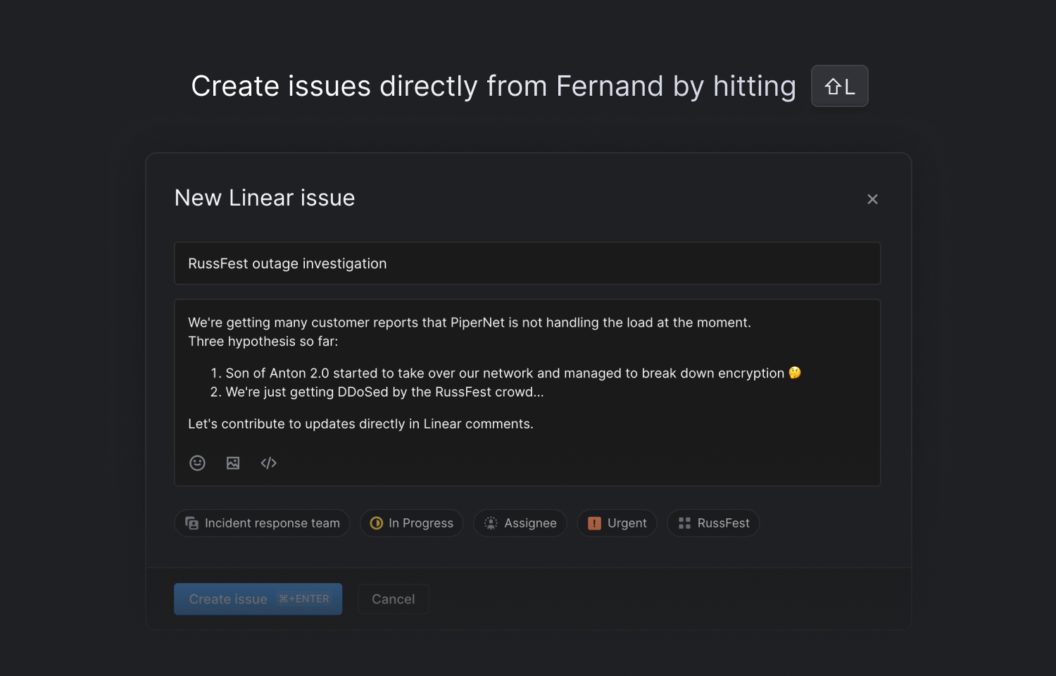 Issue creation modal in Fernand