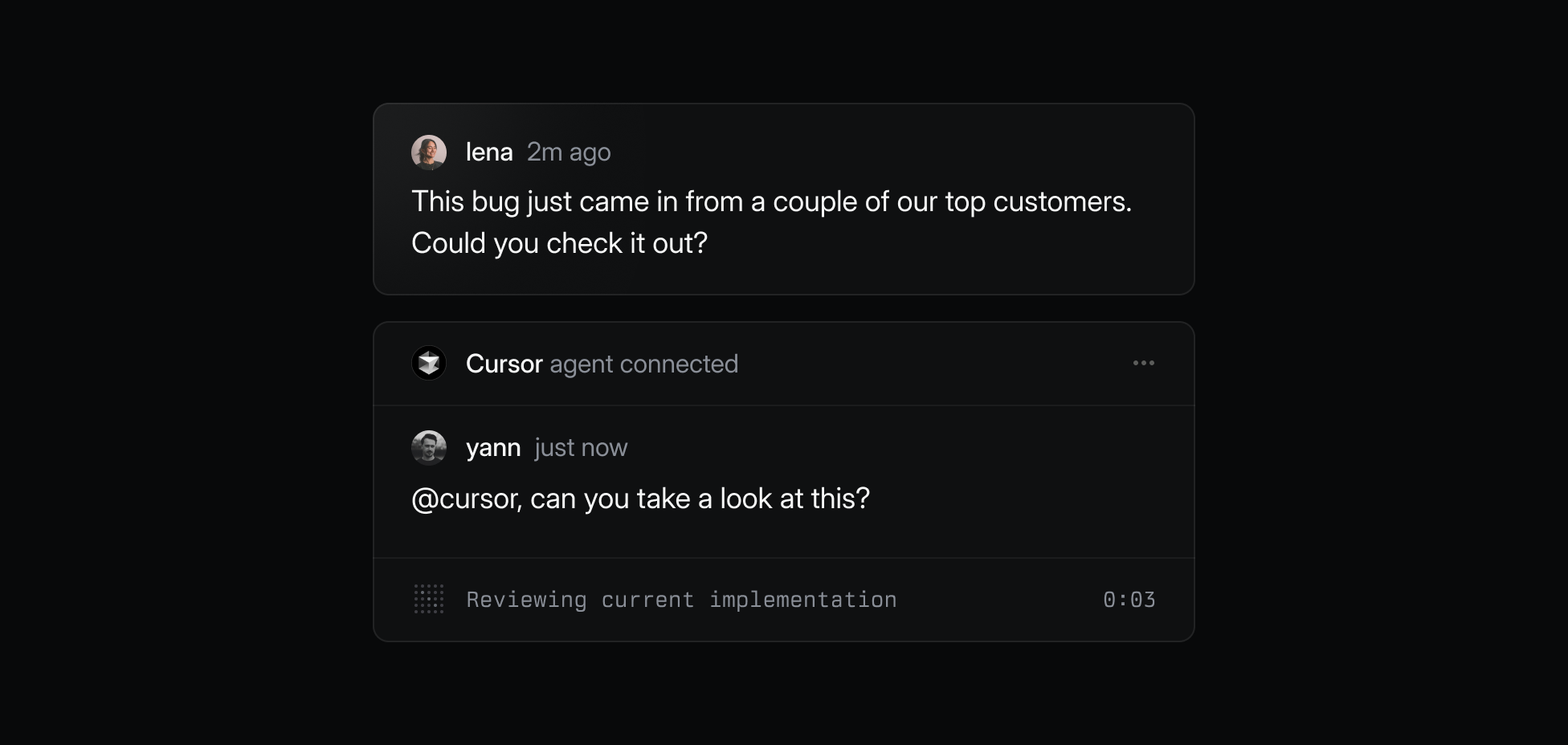 A screenshot of the same comment thread as in the previous image. The Cursor agent is now connected and is reviewing the the current implementation.
