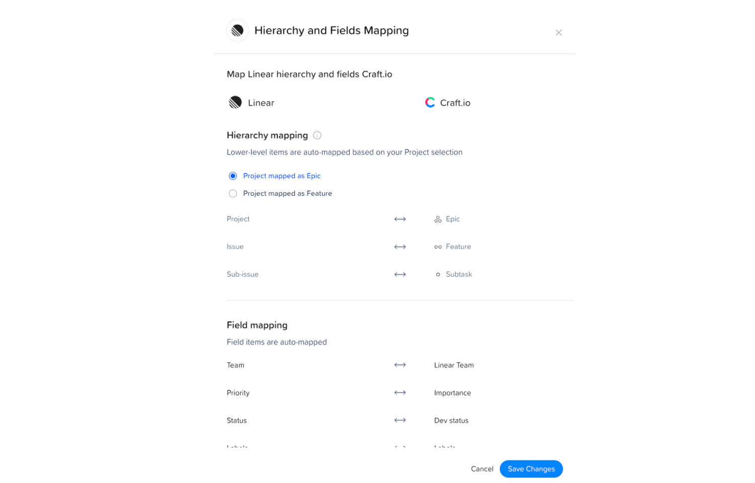 Hierarchy and fields mapping in craft.io