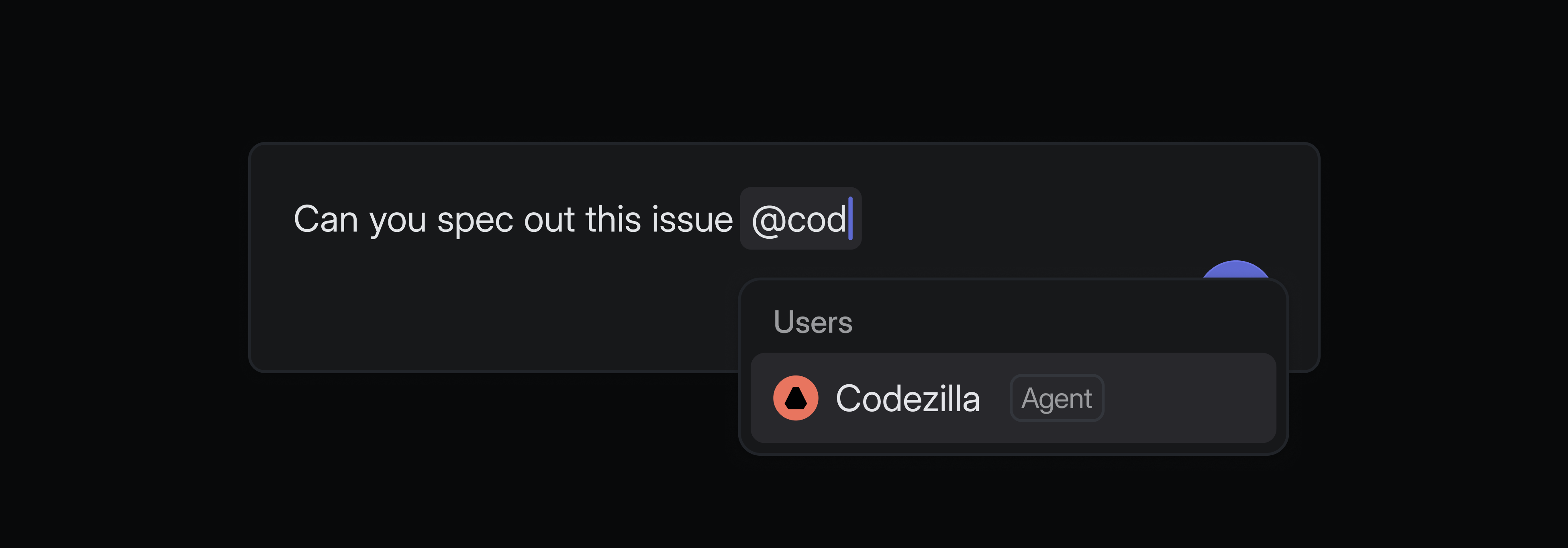 A screenshot of a comment field in Linear with the user @mentioning an agent