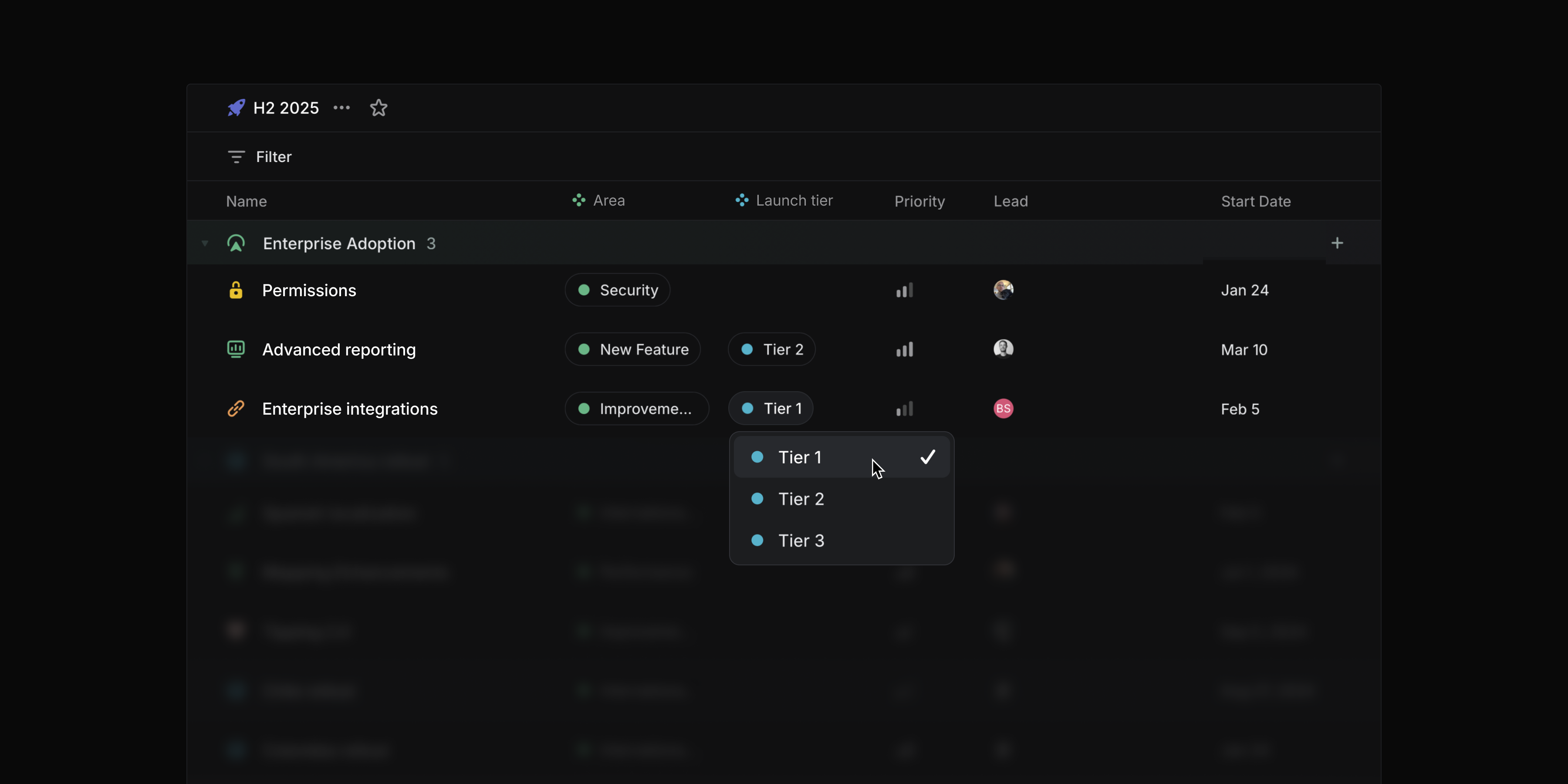 Shows a project list view with two columns representing project labels. One column shows Investment Area with projects tagged with labels for Security, New Feature, and Improvement. Another column shows the launch tier as Tier 1, Tier 2, or Tier 3