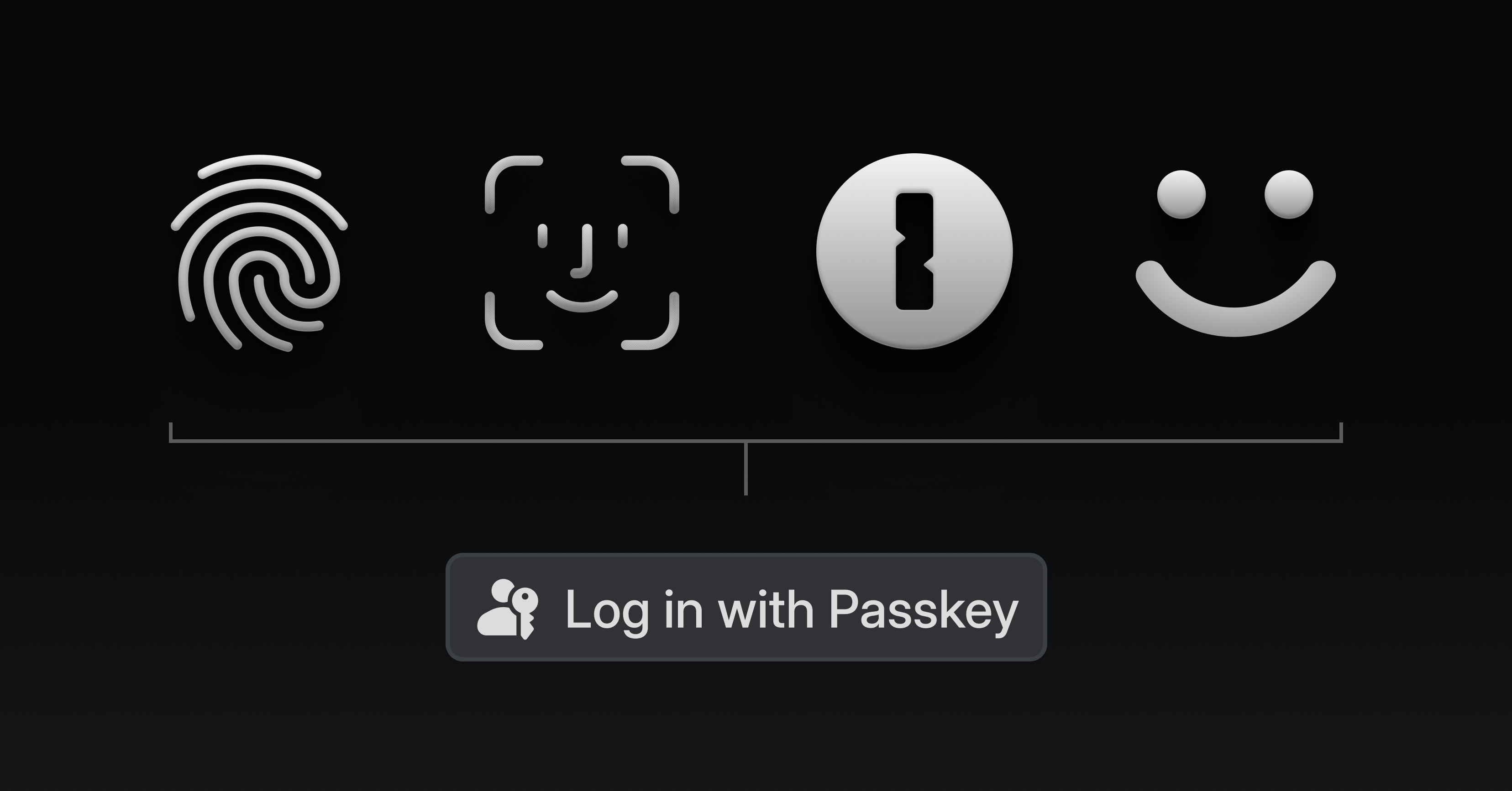 Log in with passkey button shown alongside a fingerprint (Touch ID), Face ID, 1Password, and Microsoft Hello