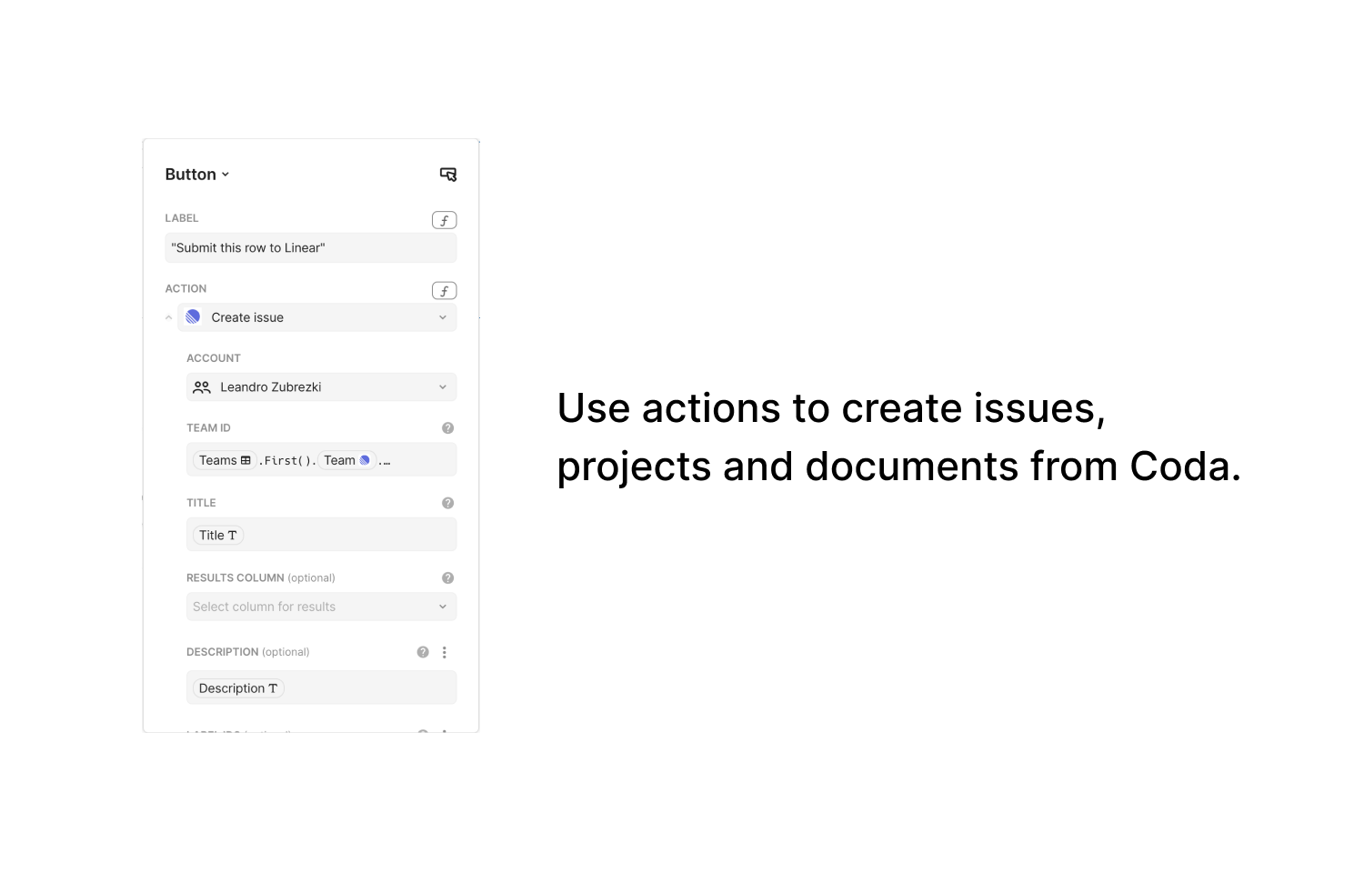 Using actions to create issues, projects and documents from Coda