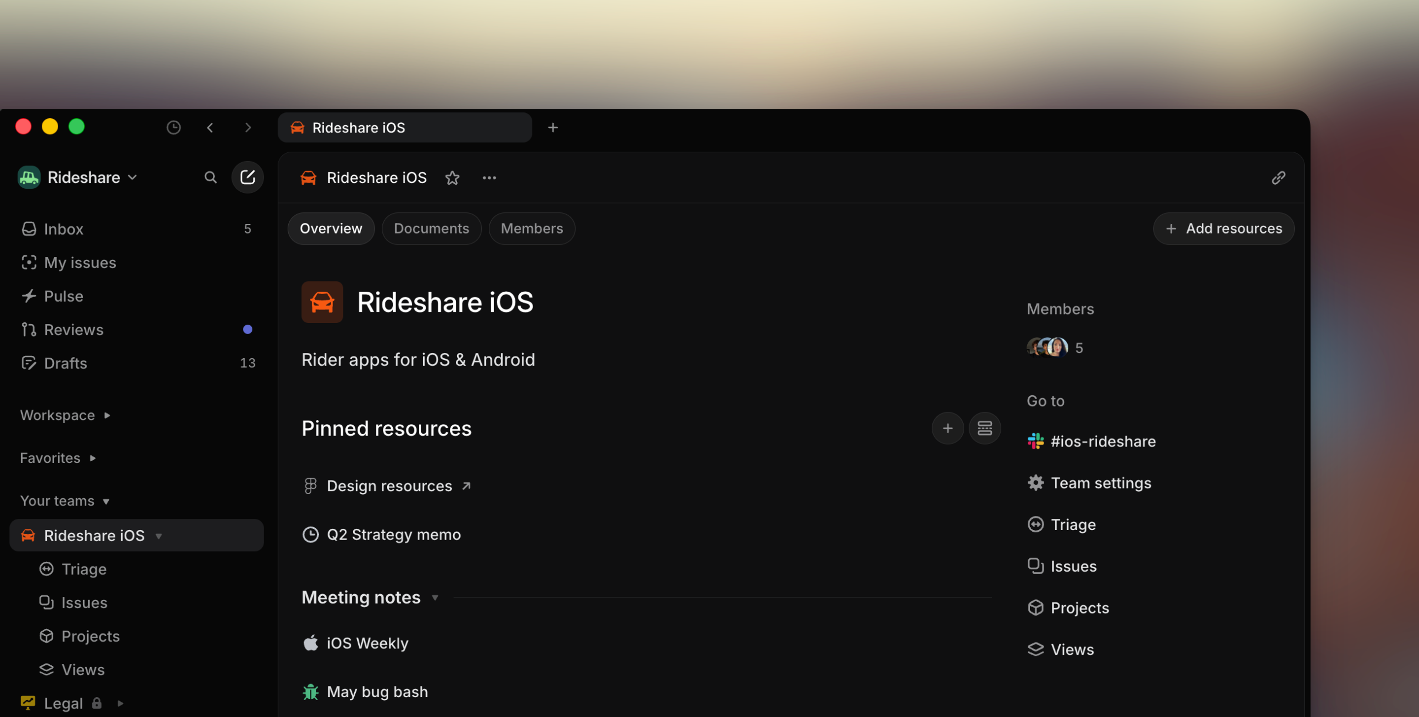 Linear app showing the default views