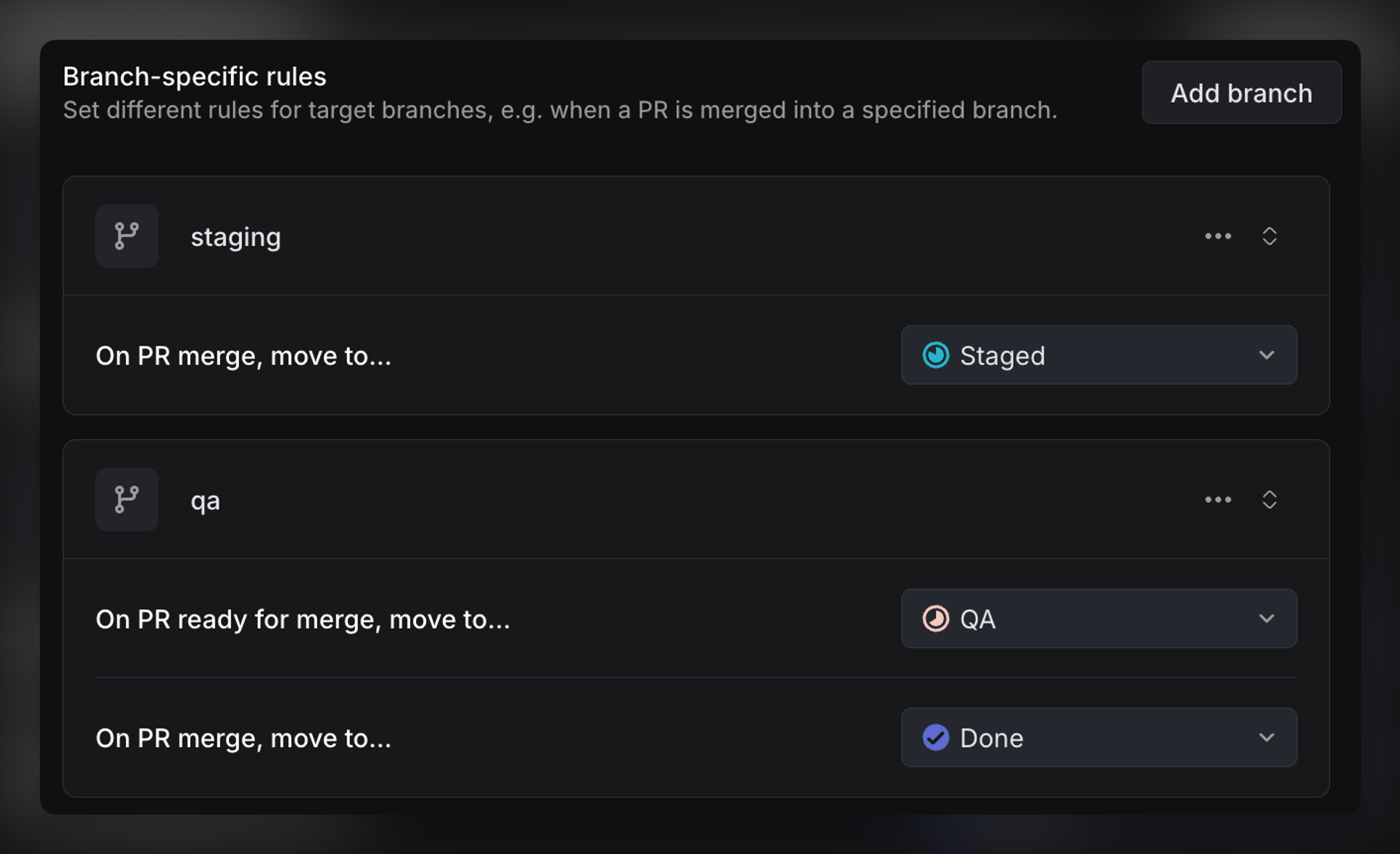 Image shows a set of default rules, rules specific to a "staging" branch.