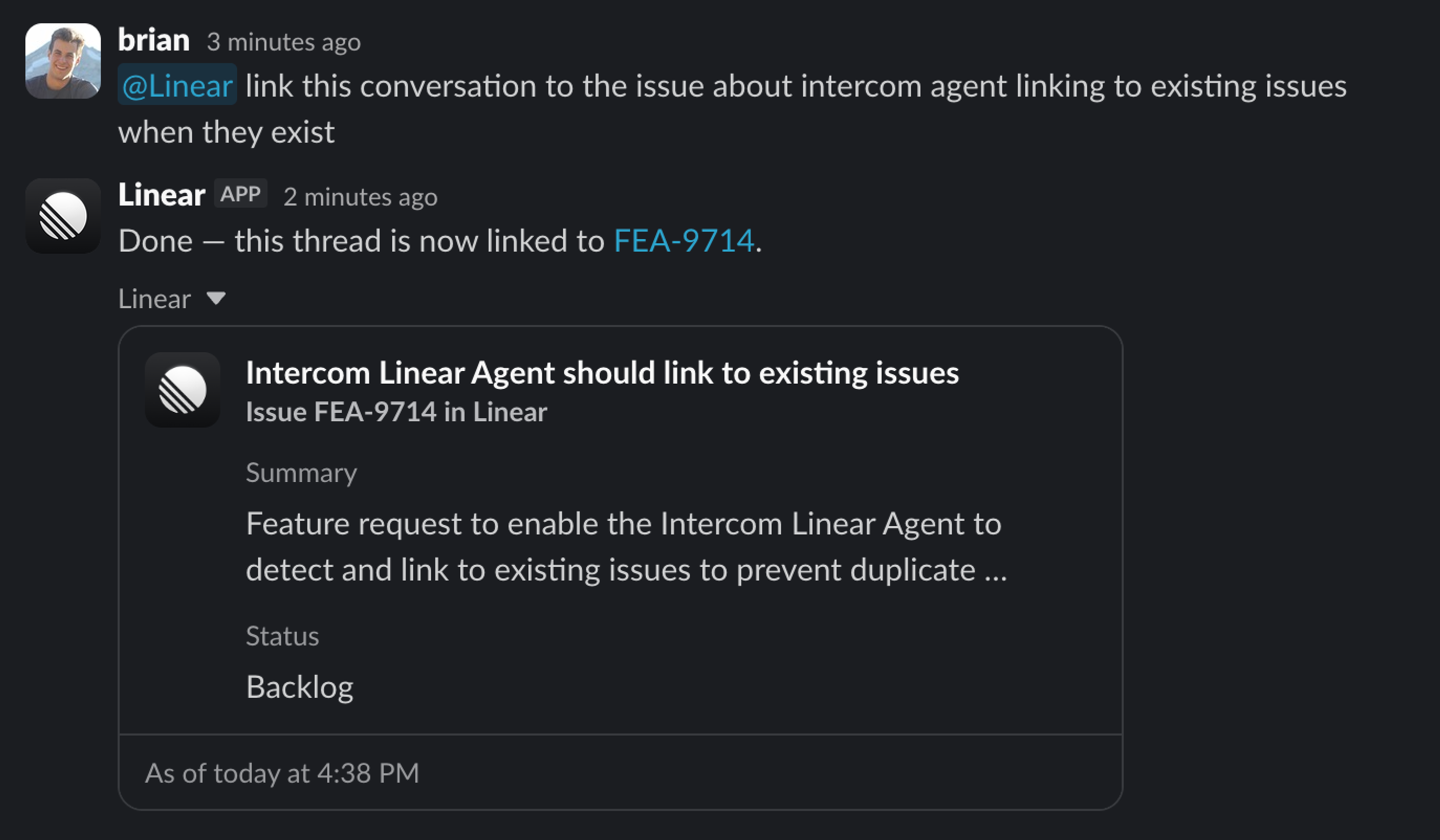 Linear agent linking a slack thread to an existing issue by saying @Linear link this conversation to the issue about...