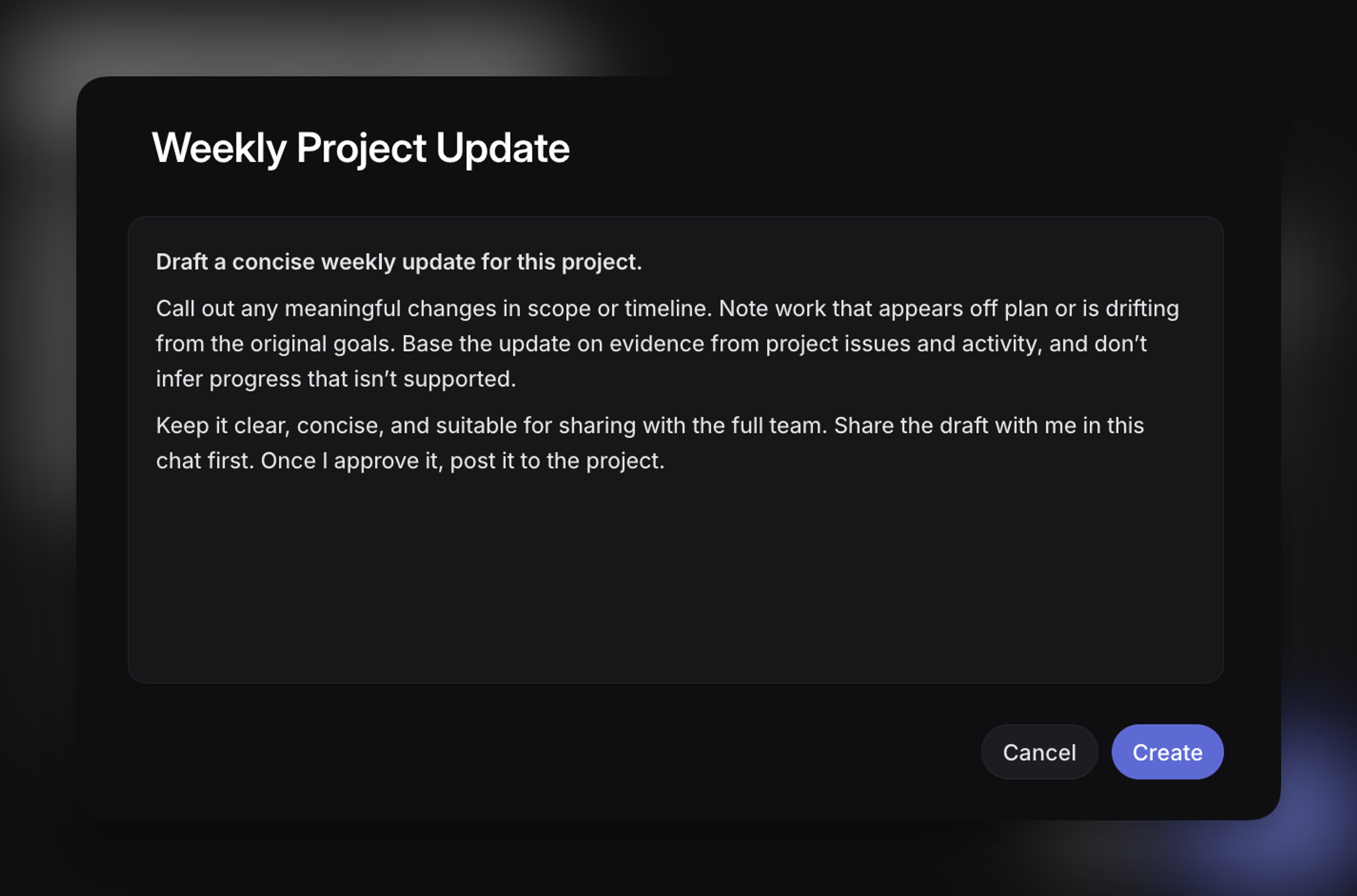 A draft Linear agent skill to draft a new project update.