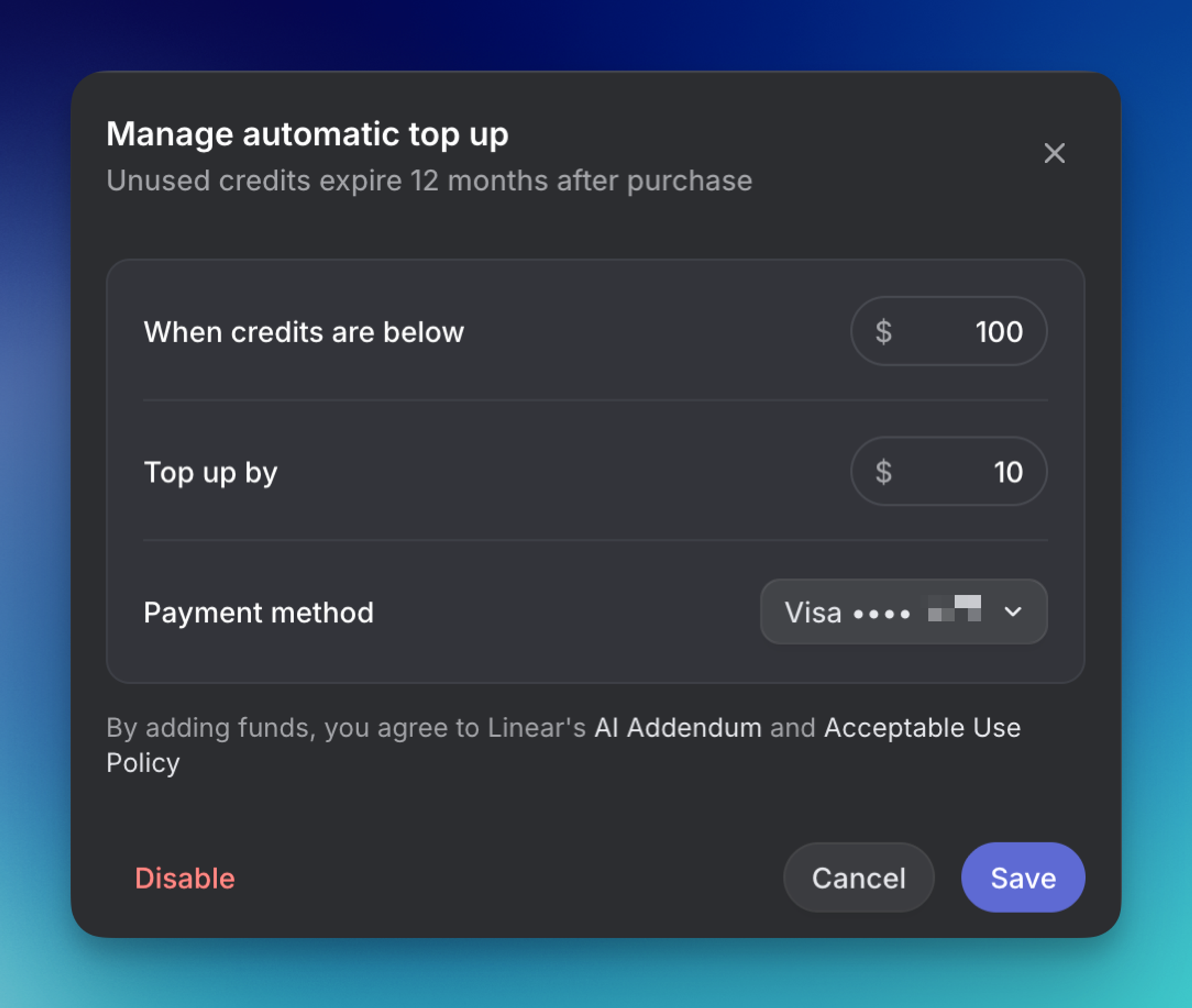 Manage automatic top-ups