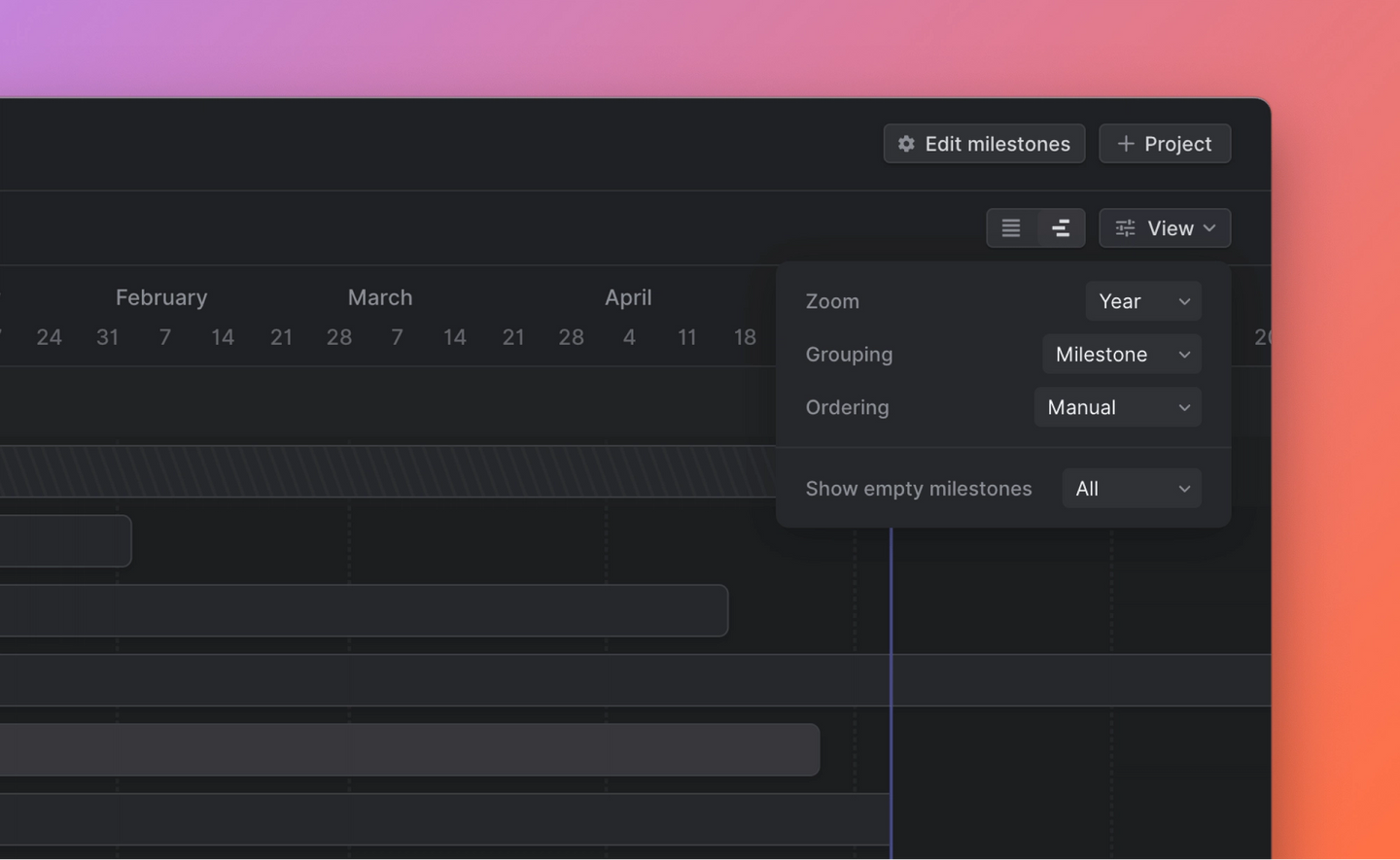 Image showing the upper right corner of the roadmap view and the view options. These include the layout, zoom and ordering options and the options to choose whether completed projects and empty milestones are shown.
