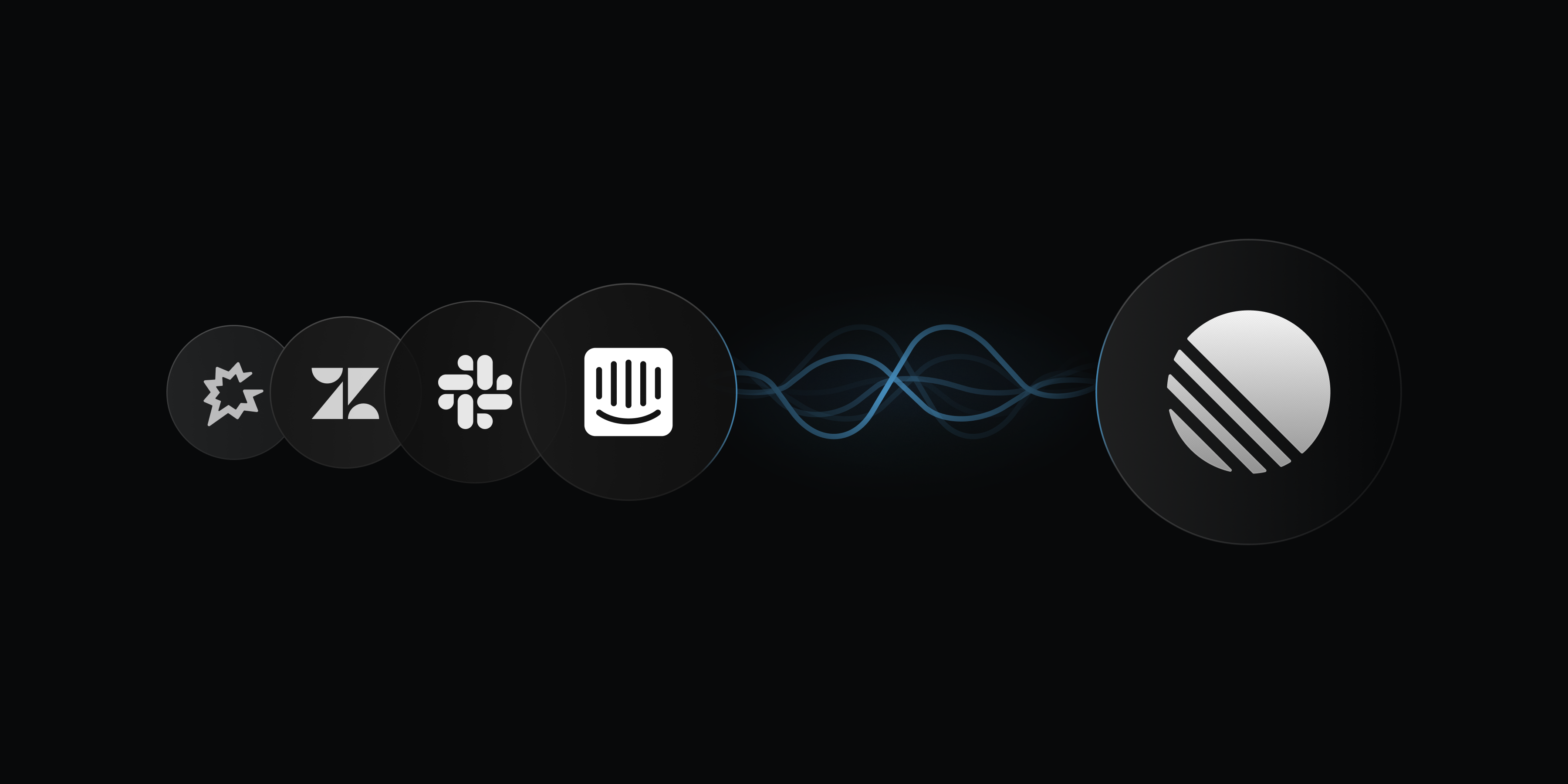 Logos for Slack, Intercom, Zendesk, and Gong on the right with electric nodes showing them connected to the Linear logo