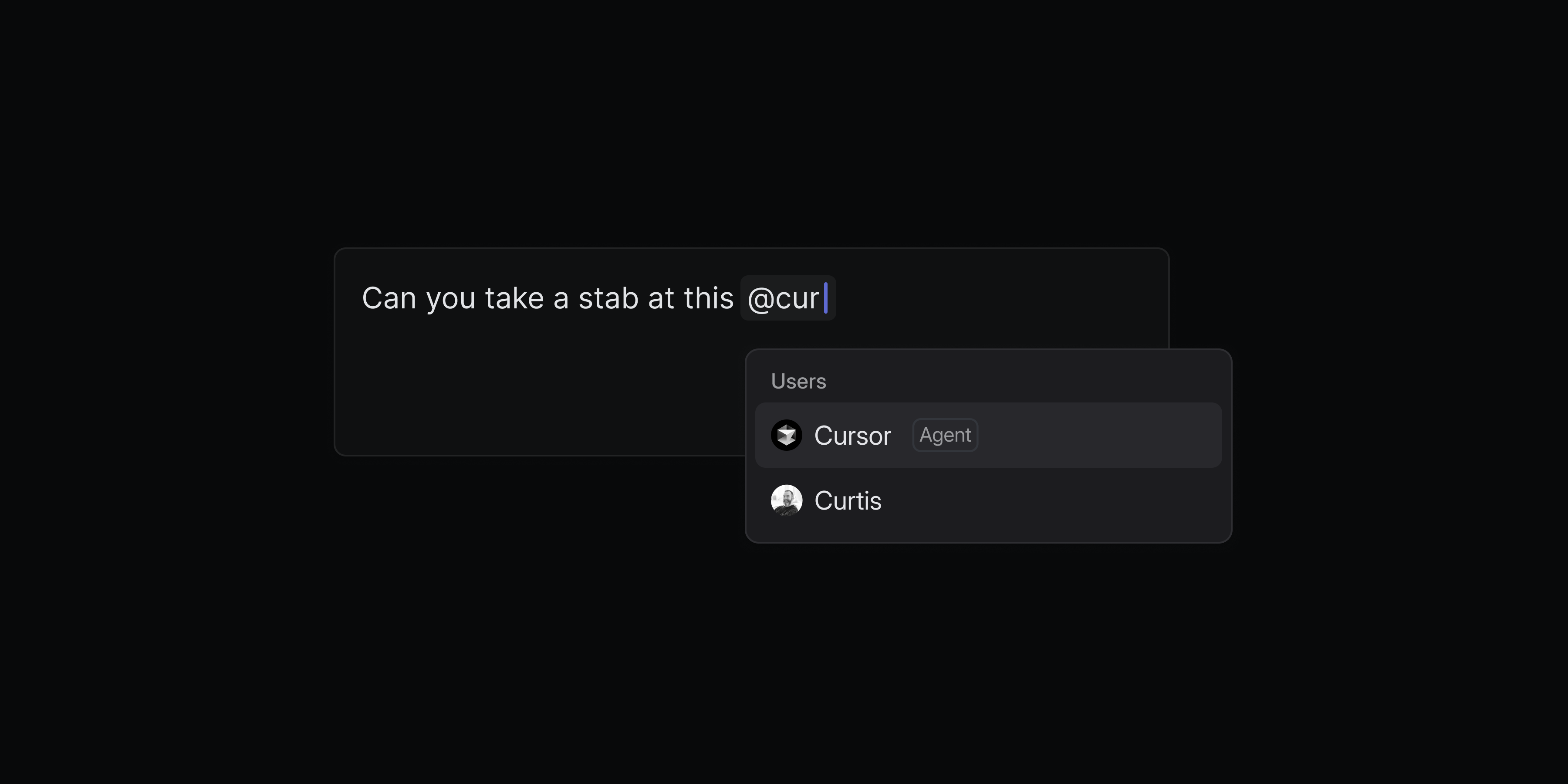 Issue comment where cursor is tagged and asked, "can you take a stab at this @cursor"