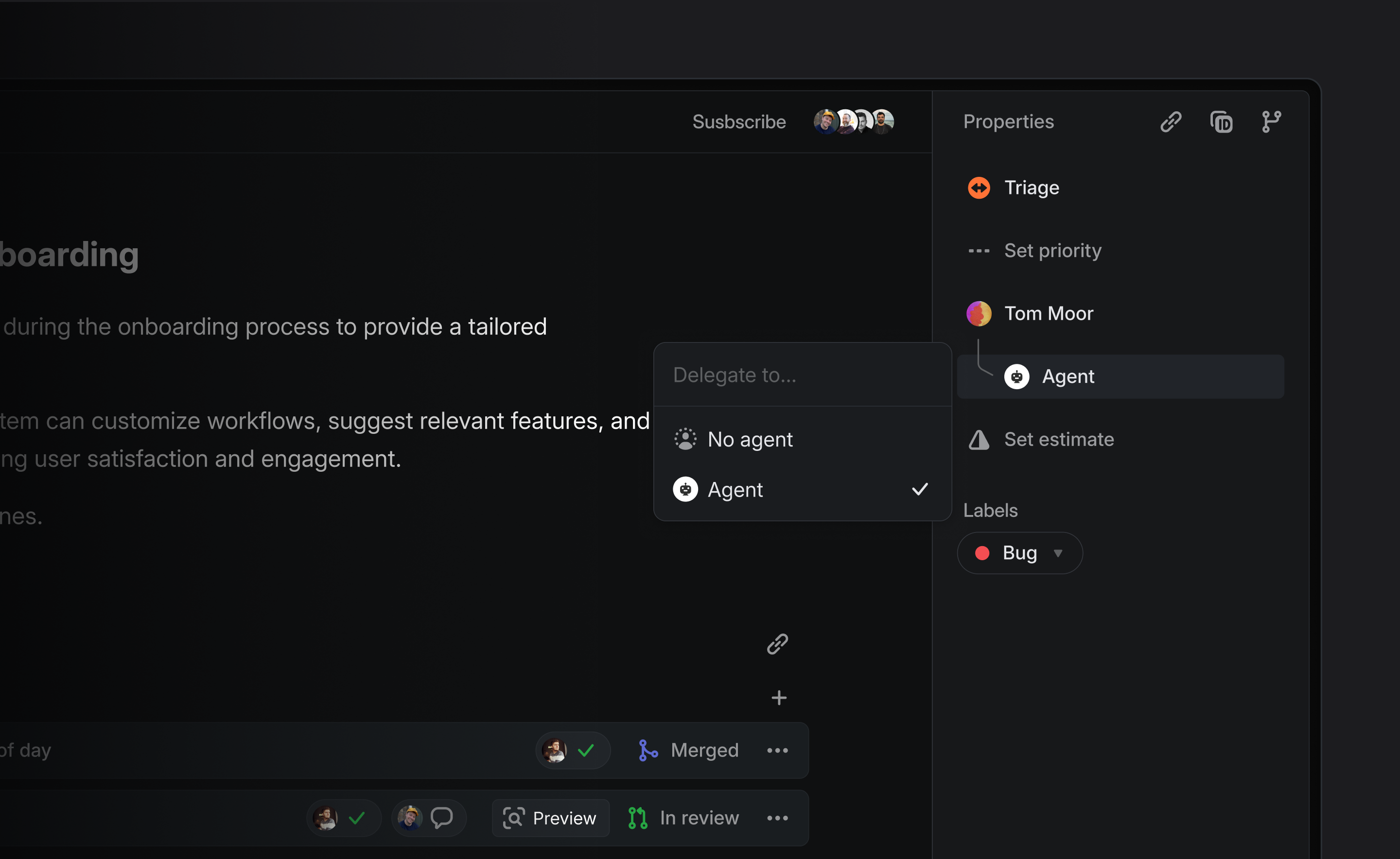 list of agents in assignee menu, Charlie and ChatPRD are visible