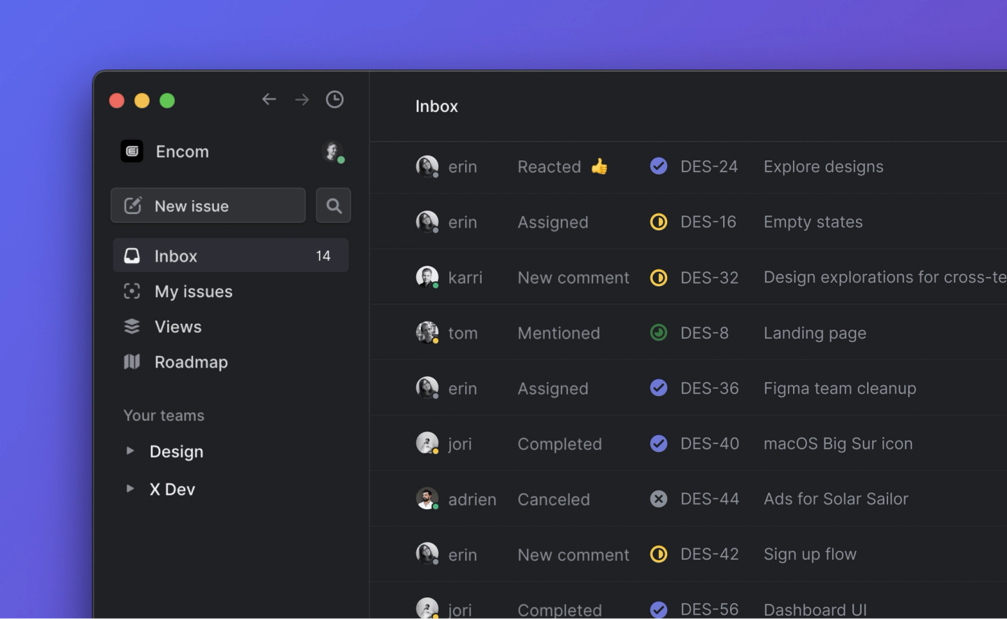 Inbox view in Linear
