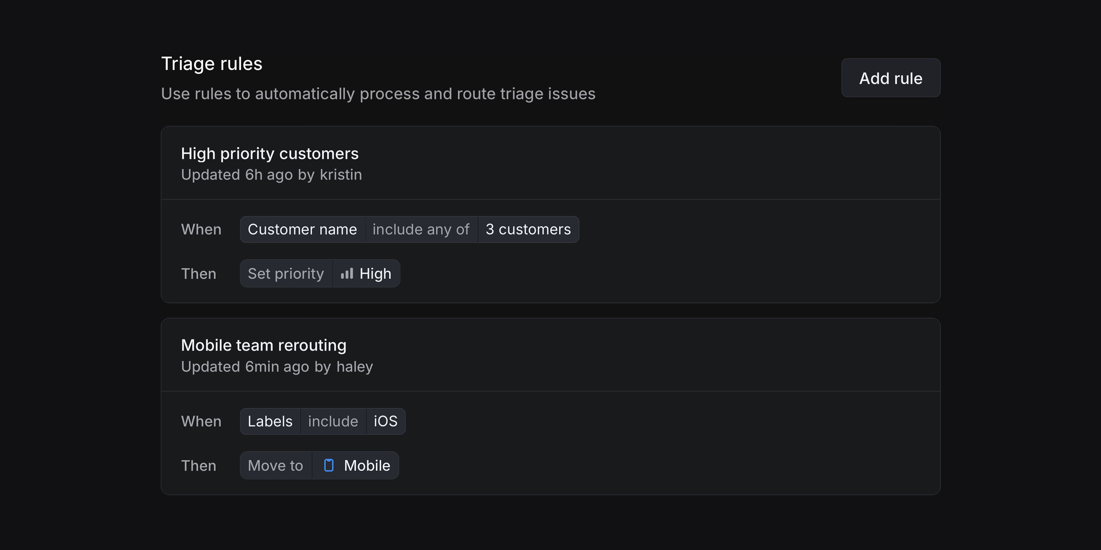 Triage rules in the Rider App team showing one rule that marks issues from specific customers as high priority and another that moves any issues with an iOS label to the Mobile team