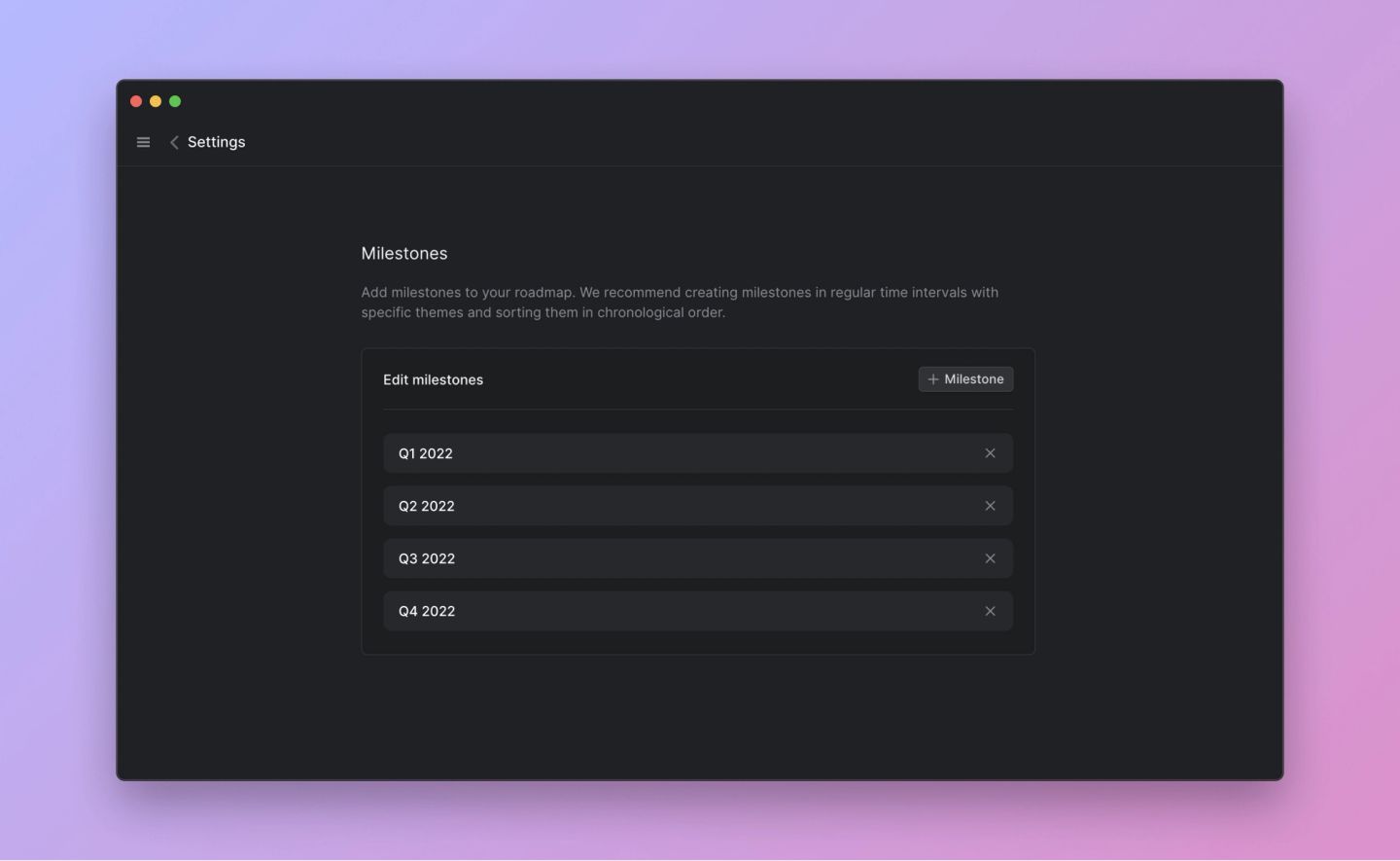 Linear app settings showing milestones page
