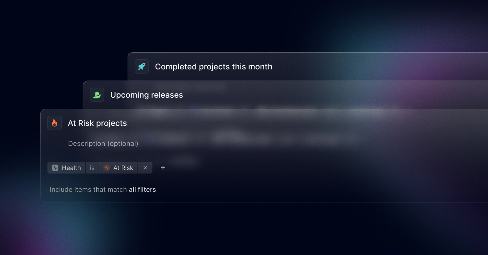 Project views that show At Risk projects, upcoming releases, and completed projects this month